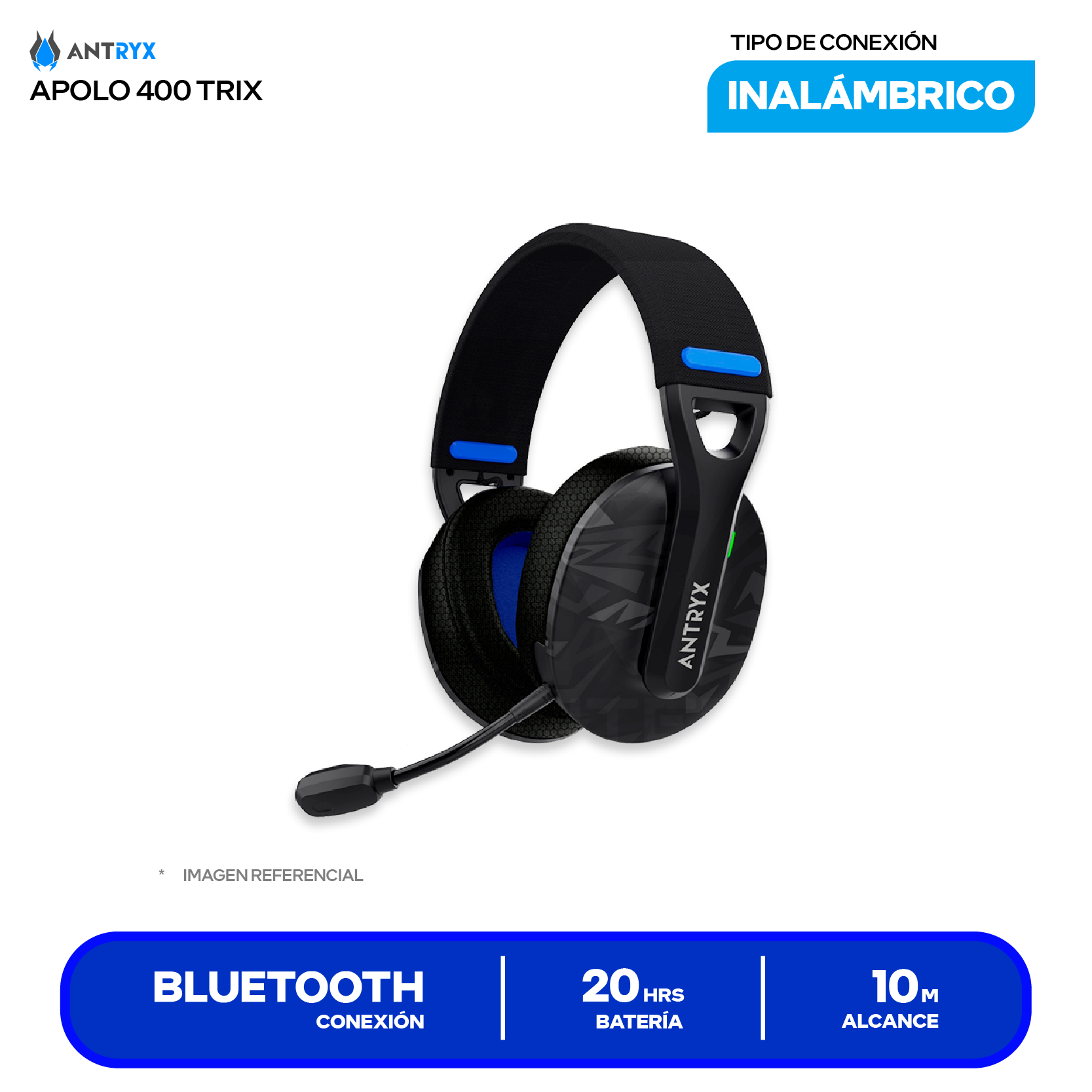 Audífono Gamer Antryx Apolo 400 Trix (AWGH-AP400KTX) Inalámbrico 2.4GHz, Bluetooth 5.4, USB-C, Drivers 50mm, Micrófono Desmontable, Batería 750mAh