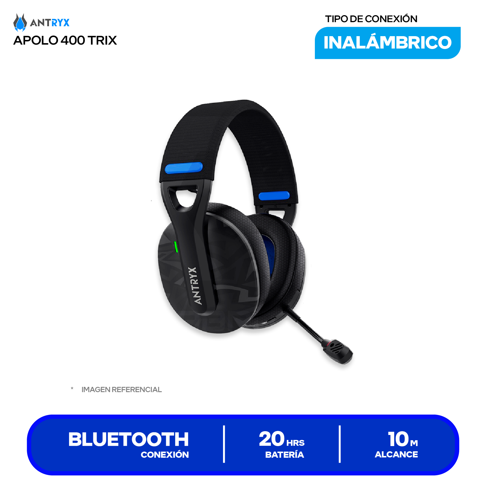 Audífono Gamer Antryx Apolo 400 Trix (AWGH-AP400KTX) Inalámbrico 2.4GHz, Bluetooth 5.4, USB-C, Drivers 50mm, Micrófono Desmontable, Batería 750mAh