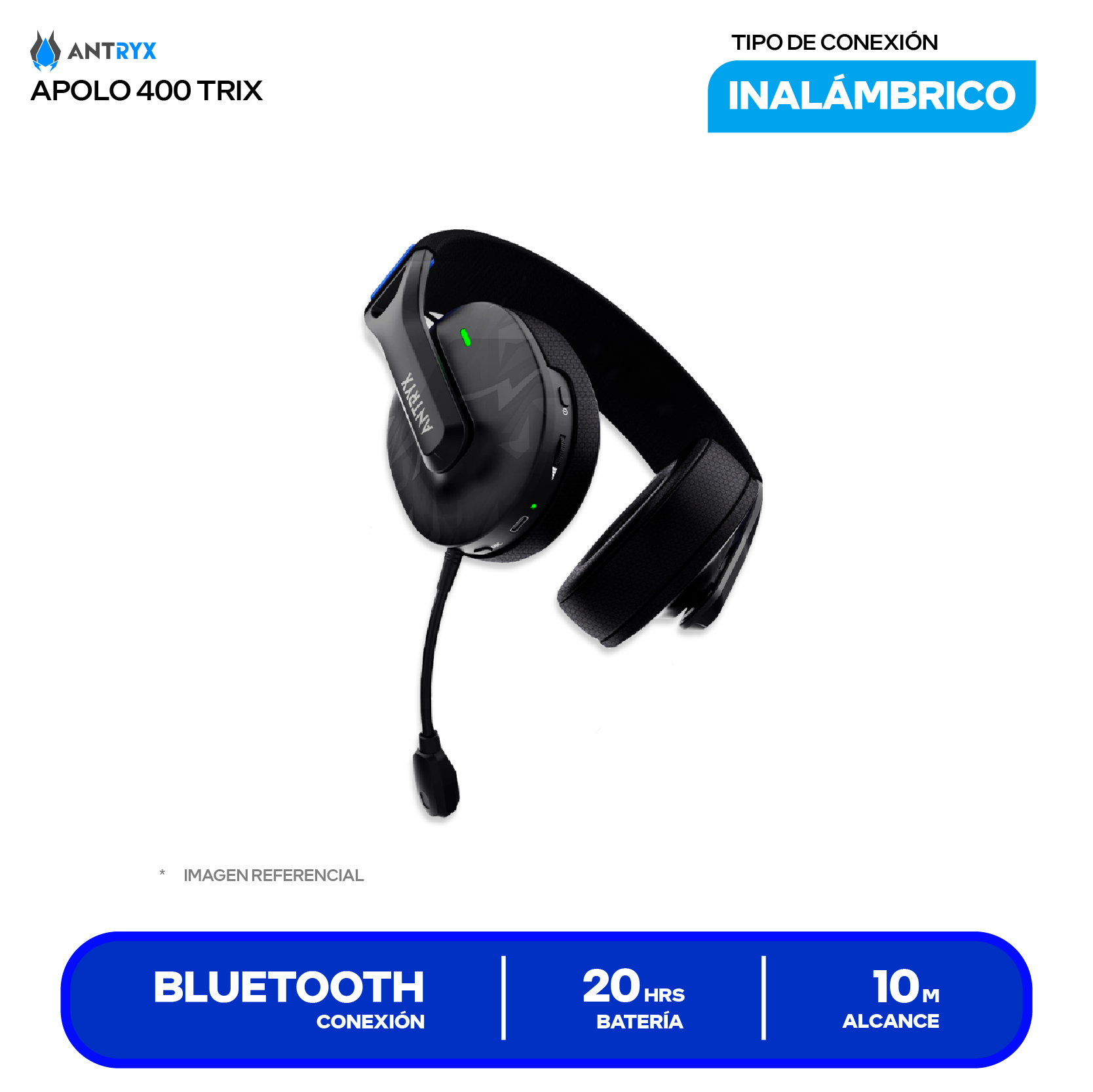 Audífono Gamer Antryx Apolo 400 Trix (AWGH-AP400KTX) Inalámbrico 2.4GHz, Bluetooth 5.4, USB-C, Drivers 50mm, Micrófono Desmontable, Batería 750mAh