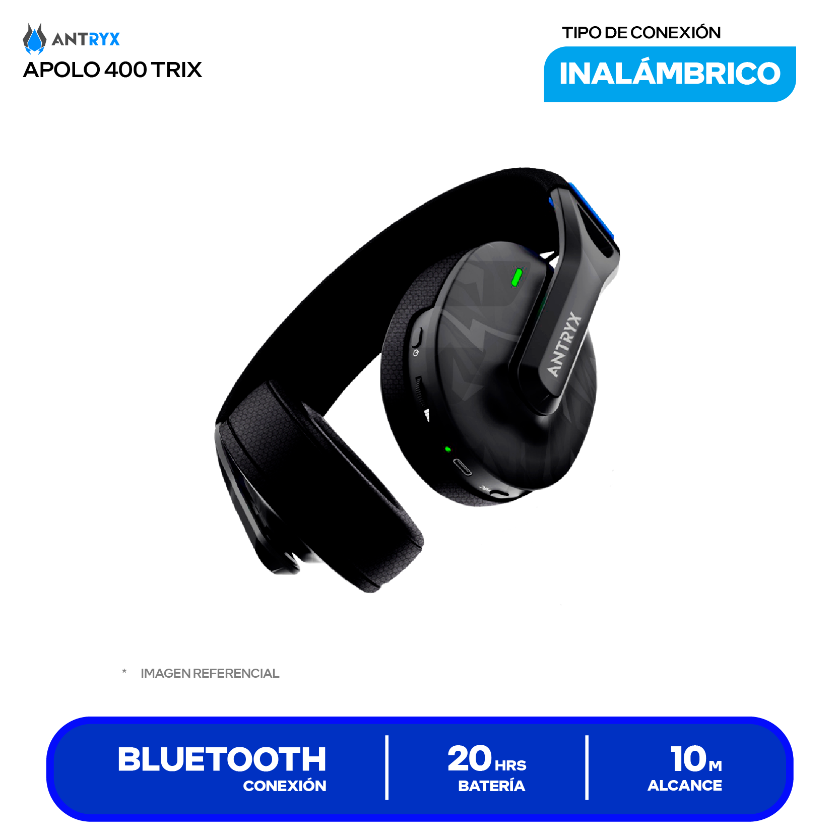 Audífono Gamer Antryx Apolo 400 Trix (AWGH-AP400KTX) Inalámbrico 2.4GHz, Bluetooth 5.4, USB-C, Drivers 50mm, Micrófono Desmontable, Batería 750mAh