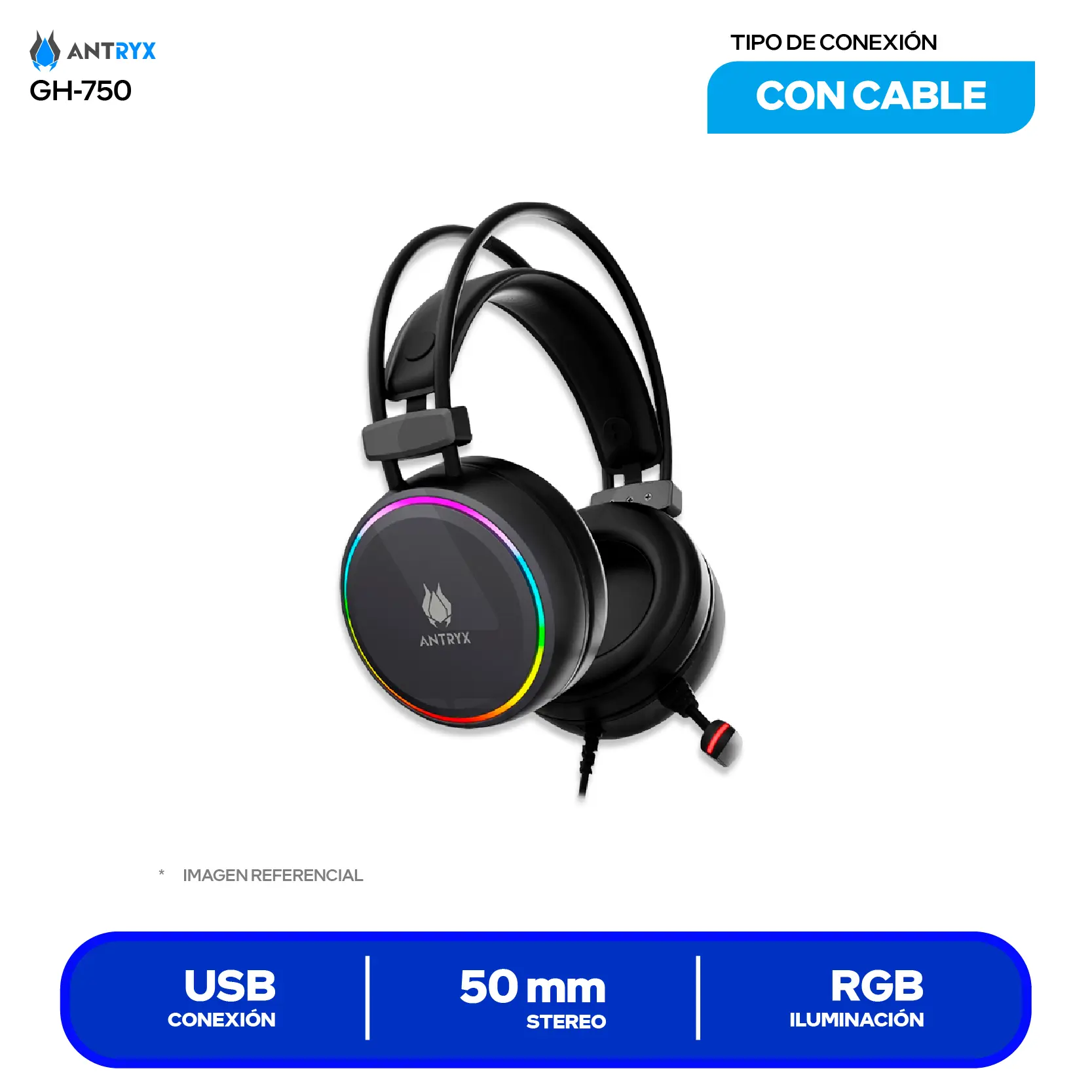 Audífono Gamer Antryx Ghoul 750 (AGH-750G7R) USB, Sonido Surround Virtual 7.1, RGB, Drivers 50mm, Control en Cable, Magic Voice