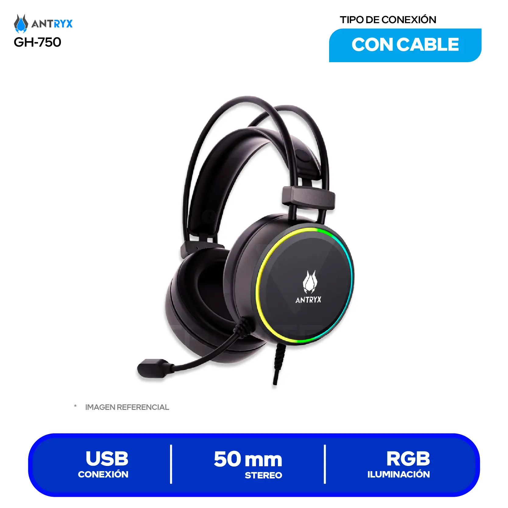 Audífono Gamer Antryx Ghoul 750 (AGH-750G7R) USB, Sonido Surround Virtual 7.1, RGB, Drivers 50mm, Control en Cable, Magic Voice