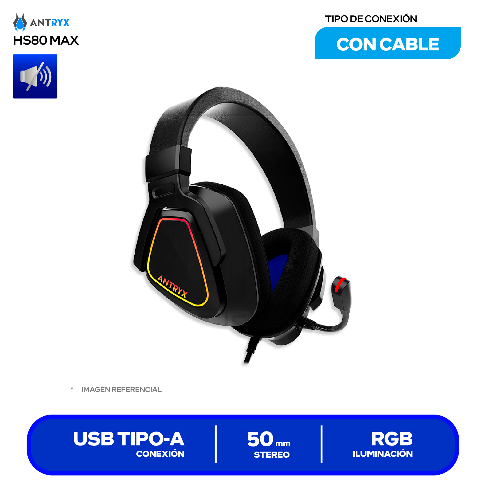 Audífono Gamer Antryx Ghoul 850 (AGH-850BK7RV) USB, Sonido Surround Virtual 7.1, Vibración, RGB, Drivers 50mm, Almohadillas de Microfibra