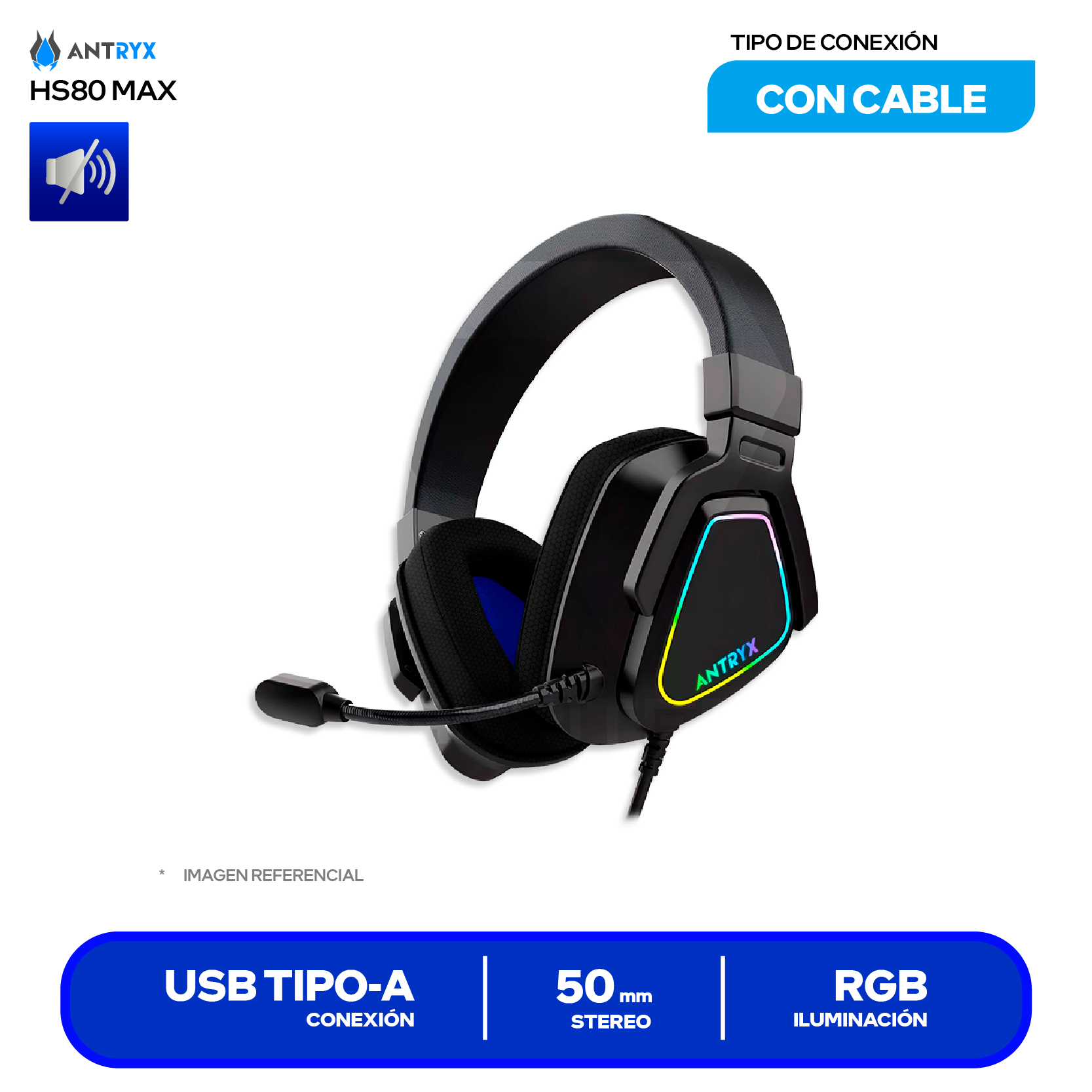 Audífono Gamer Antryx Ghoul 850 (AGH-850BK7RV) USB, Sonido Surround Virtual 7.1, Vibración, RGB, Drivers 50mm, Almohadillas de Microfibra