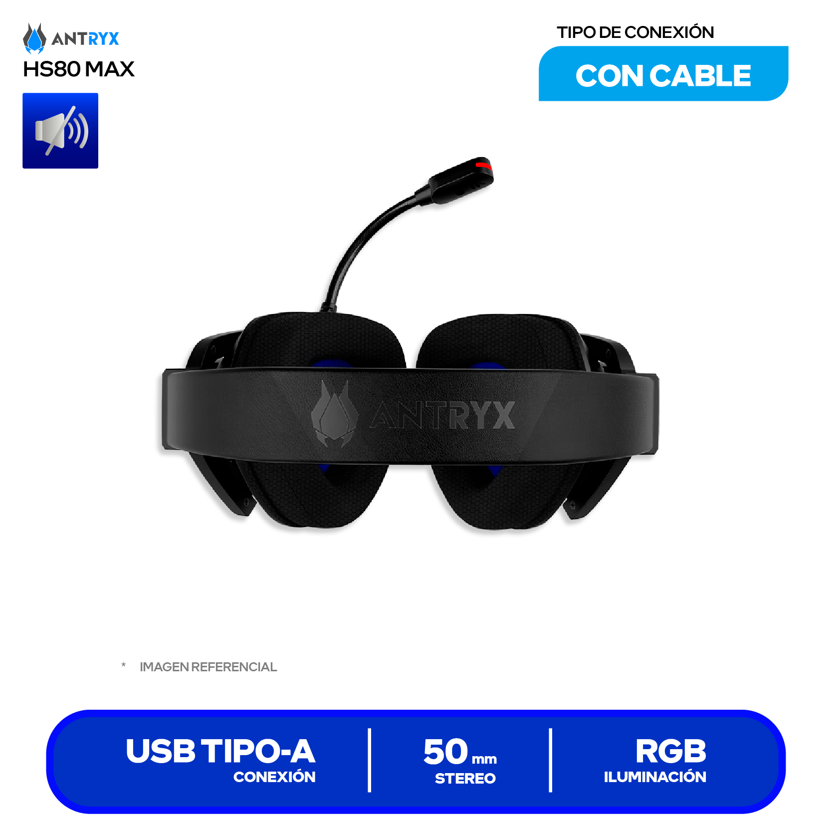 Audífono Gamer Antryx Ghoul 850 (AGH-850BK7RV) USB, Sonido Surround Virtual 7.1, Vibración, RGB, Drivers 50mm, Almohadillas de Microfibra
