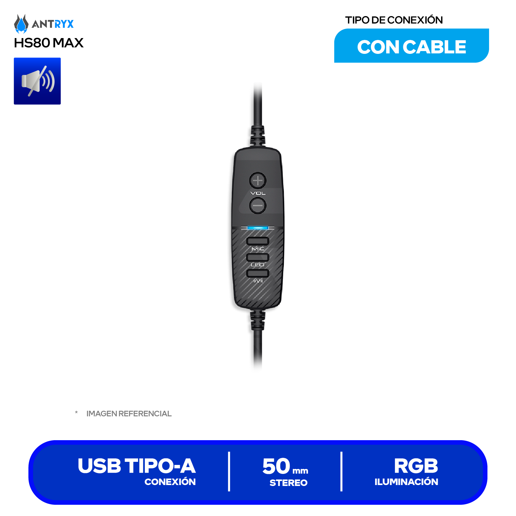 Audífono Gamer Antryx Ghoul 850 (AGH-850BK7RV) USB, Sonido Surround Virtual 7.1, Vibración, RGB, Drivers 50mm, Almohadillas de Microfibra
