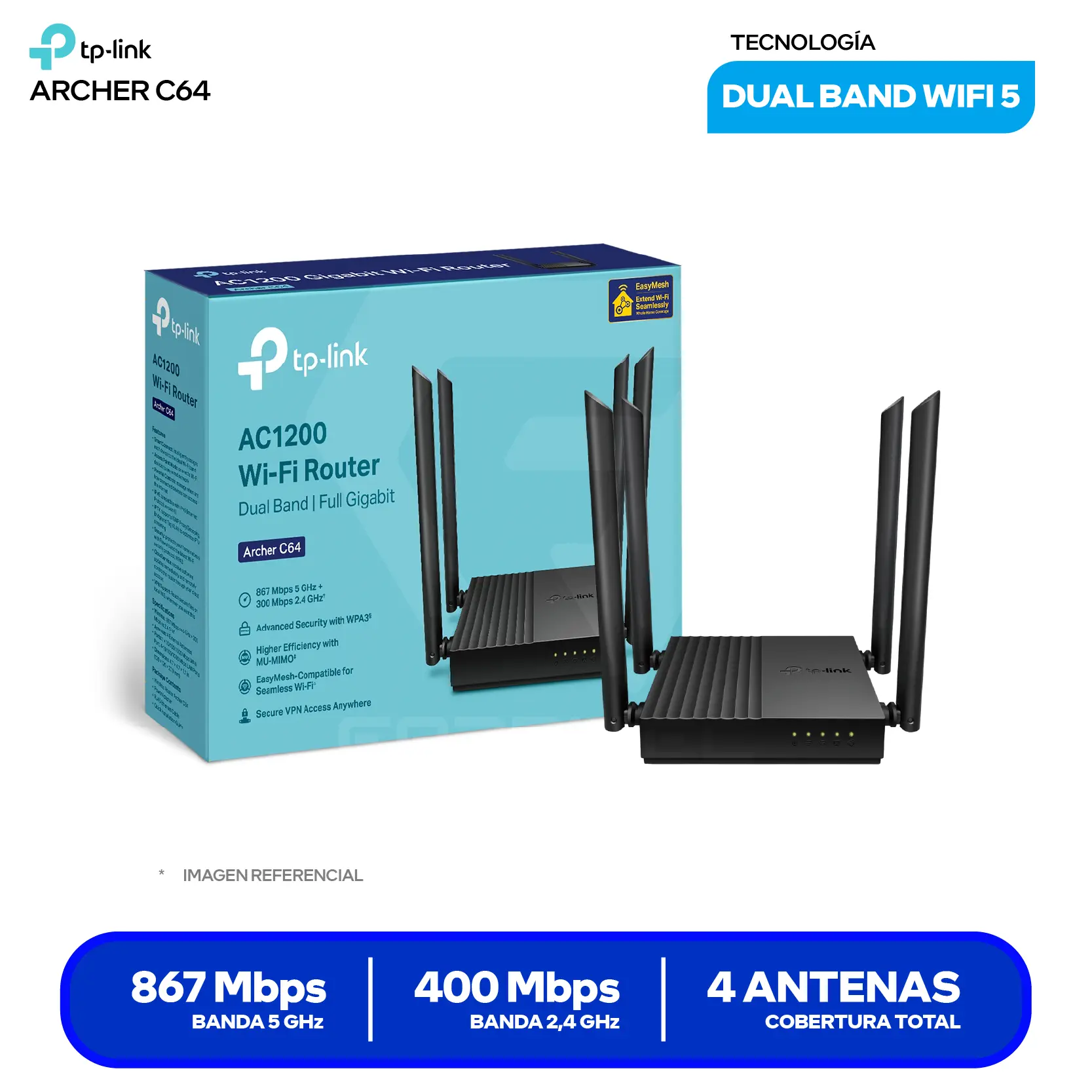 Router TP-Link Archer C64 AC1200 (Archer C64) Doble Banda, Puertos Gigabit, MU-MIMO