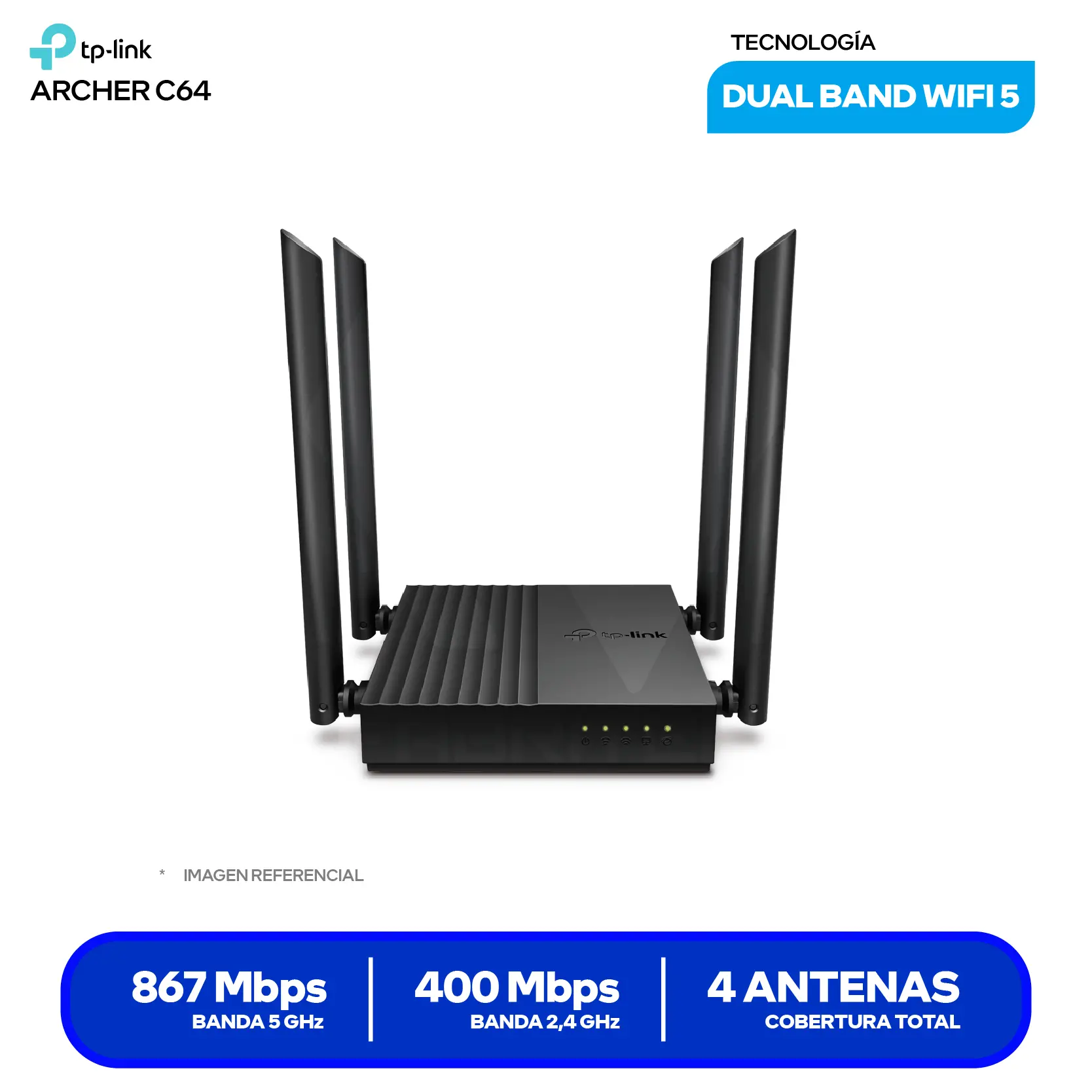Router TP-Link Archer C64 AC1200 (Archer C64) Doble Banda, Puertos Gigabit, MU-MIMO