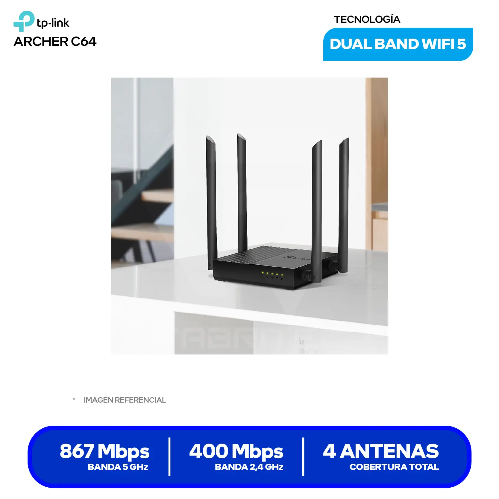 Router TP-Link Archer C64 AC1200 (Archer C64) Doble Banda, Puertos Gigabit, MU-MIMO