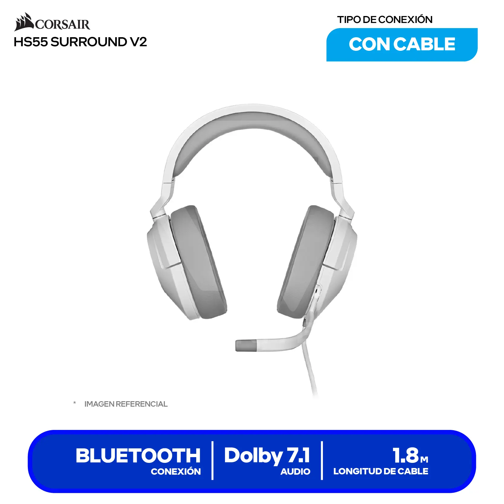 Audífono Gamer Corsair HS55 SURROUND Blanco (CA-9011390-WW) Jack 3.5mm, Dolby Audio 7.1, Drivers 50mm, Micrófono Omnidireccional, Multiplataforma