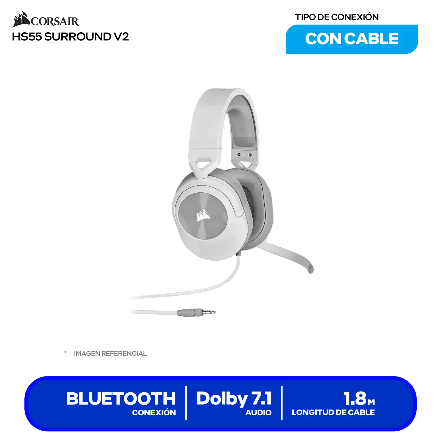 Audífono Gamer Corsair HS55 SURROUND Blanco (CA-9011390-WW) Jack 3.5mm, Dolby Audio 7.1, Drivers 50mm, Micrófono Omnidireccional, Multiplataforma