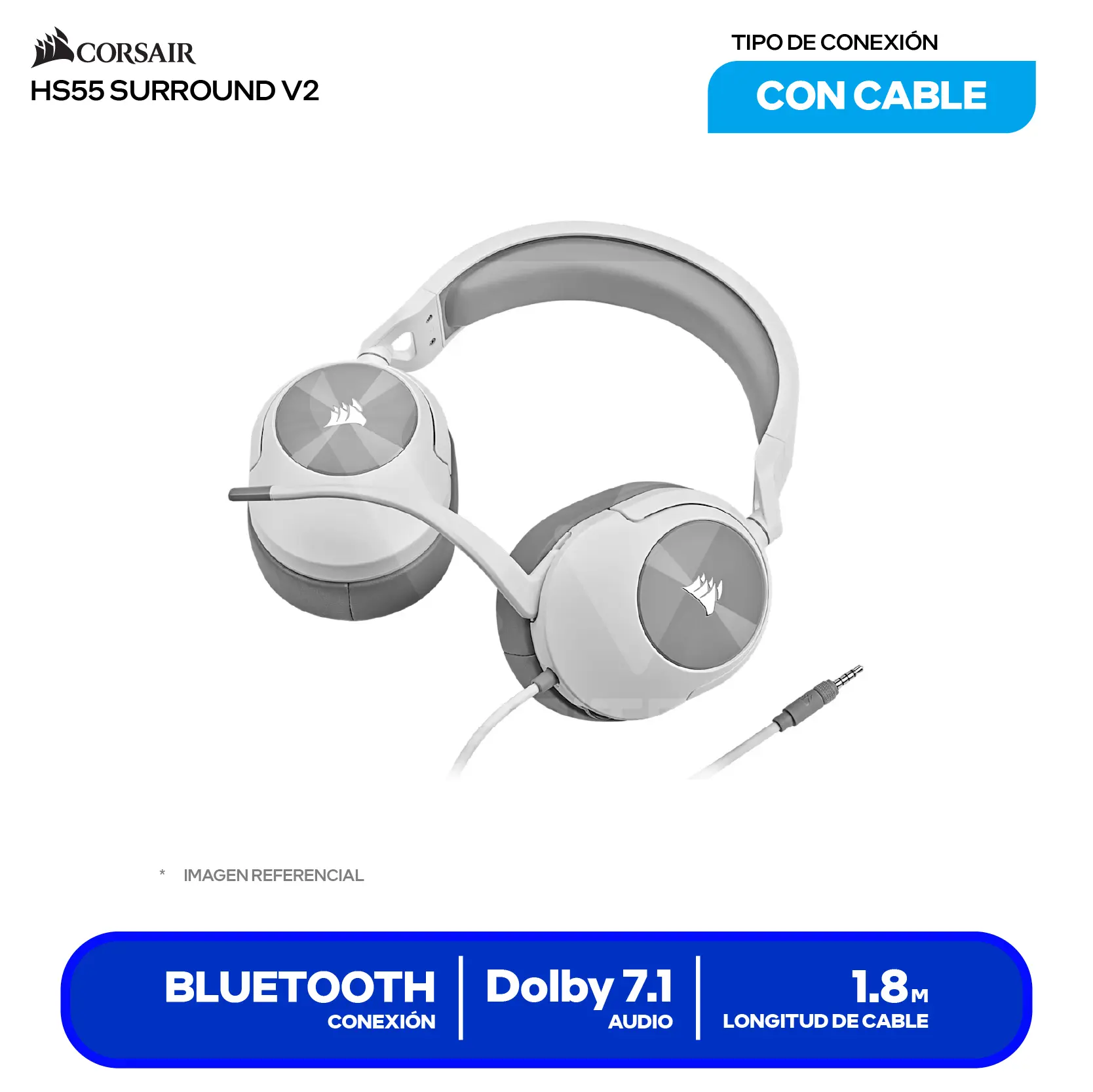 Audífono Gamer Corsair HS55 SURROUND Blanco (CA-9011390-WW) Jack 3.5mm, Dolby Audio 7.1, Drivers 50mm, Micrófono Omnidireccional, Multiplataforma