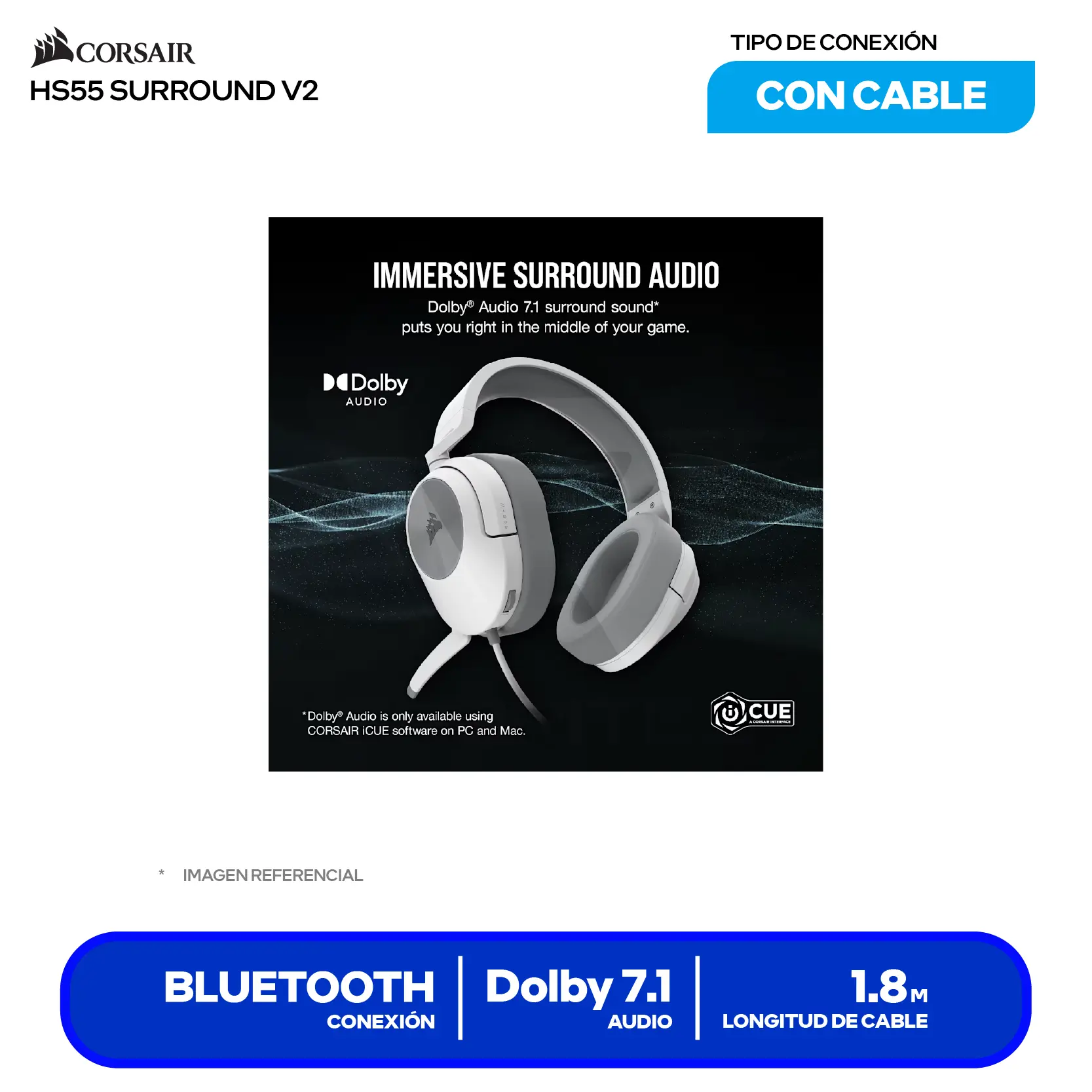 Audífono Gamer Corsair HS55 SURROUND Blanco (CA-9011390-WW) Jack 3.5mm, Dolby Audio 7.1, Drivers 50mm, Micrófono Omnidireccional, Multiplataforma