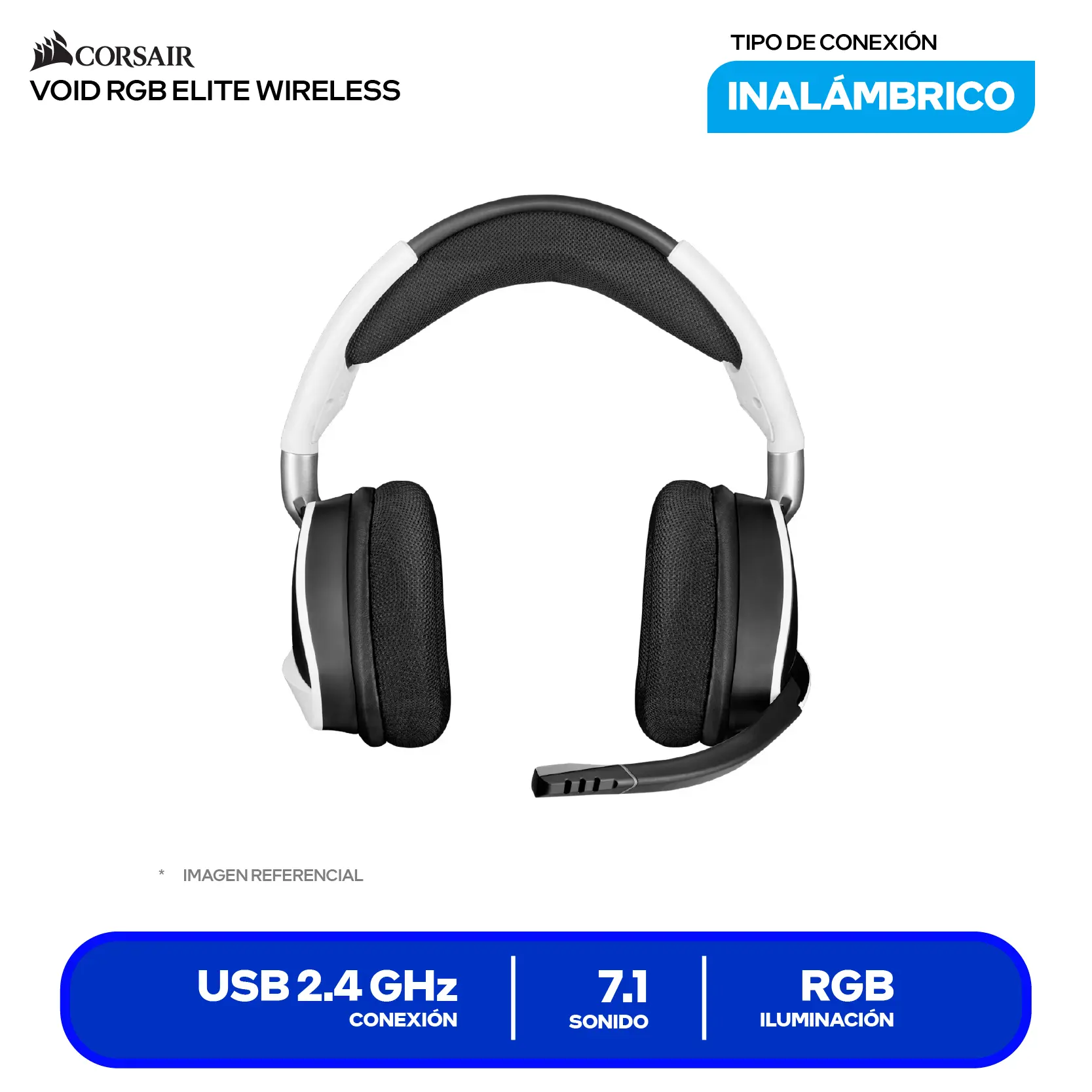 Audífono Gamer Corsair VOID RGB ELITE Wireless Blanco (CA-9011202-NA) Inalámbrico 2.4GHz, Surround 7.1, Drivers 50mm, RGB iCUE, Microfibra y Memory Foam