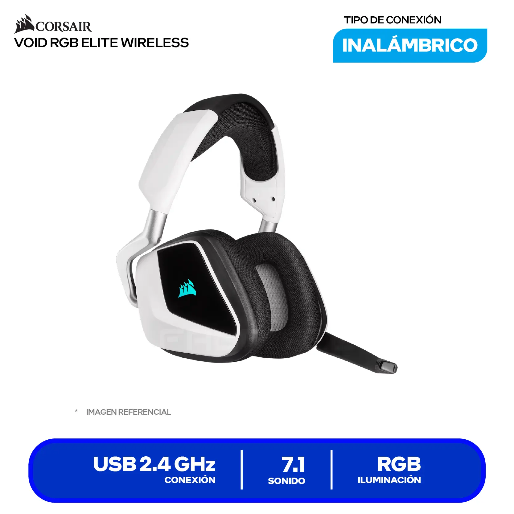 Audífono Gamer Corsair VOID RGB ELITE Wireless Blanco (CA-9011202-NA) Inalámbrico 2.4GHz, Surround 7.1, Drivers 50mm, RGB iCUE, Microfibra y Memory Foam