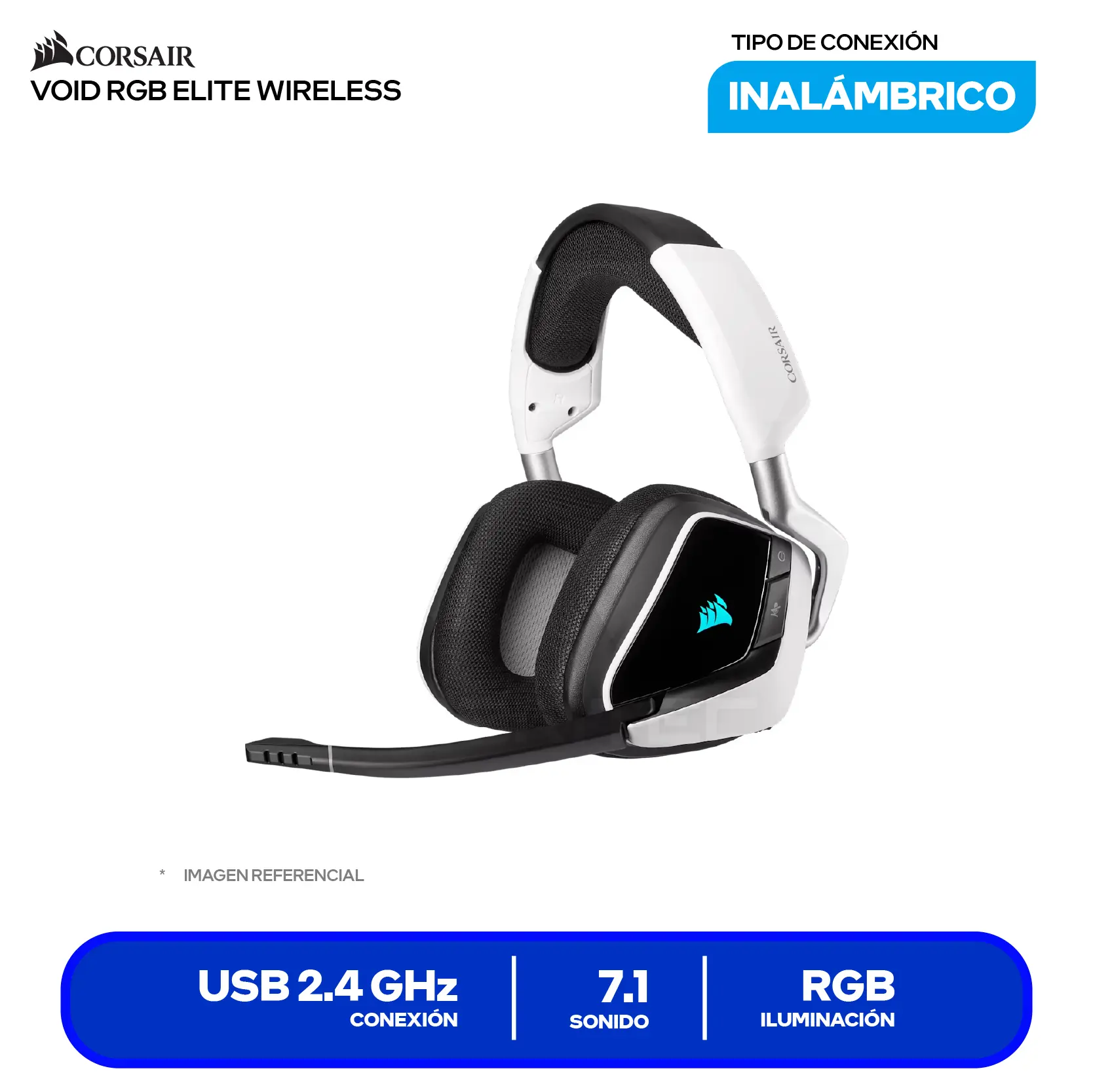 Audífono Gamer Corsair VOID RGB ELITE Wireless Blanco (CA-9011202-NA) Inalámbrico 2.4GHz, Surround 7.1, Drivers 50mm, RGB iCUE, Microfibra y Memory Foam