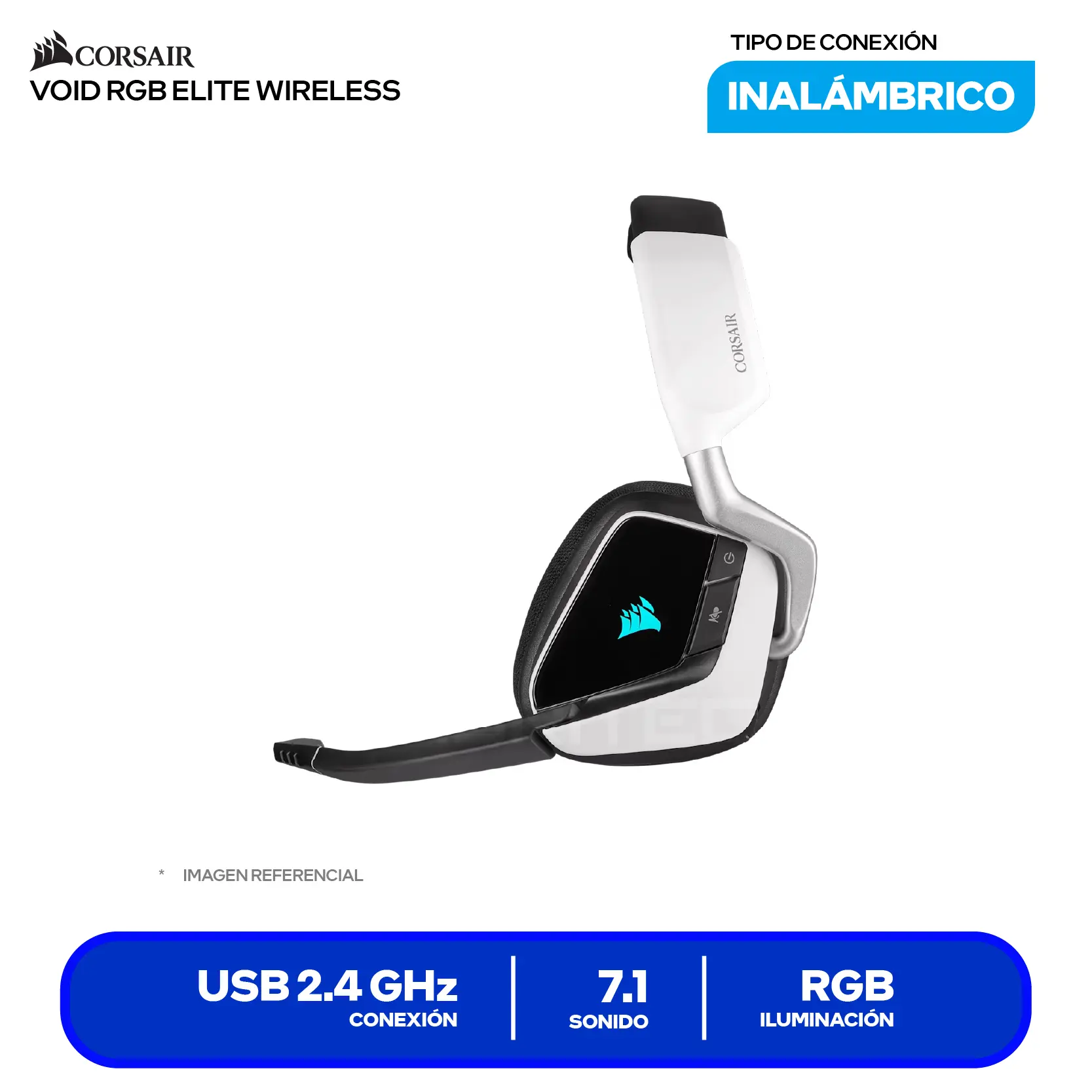 Audífono Gamer Corsair VOID RGB ELITE Wireless Blanco (CA-9011202-NA) Inalámbrico 2.4GHz, Surround 7.1, Drivers 50mm, RGB iCUE, Microfibra y Memory Foam