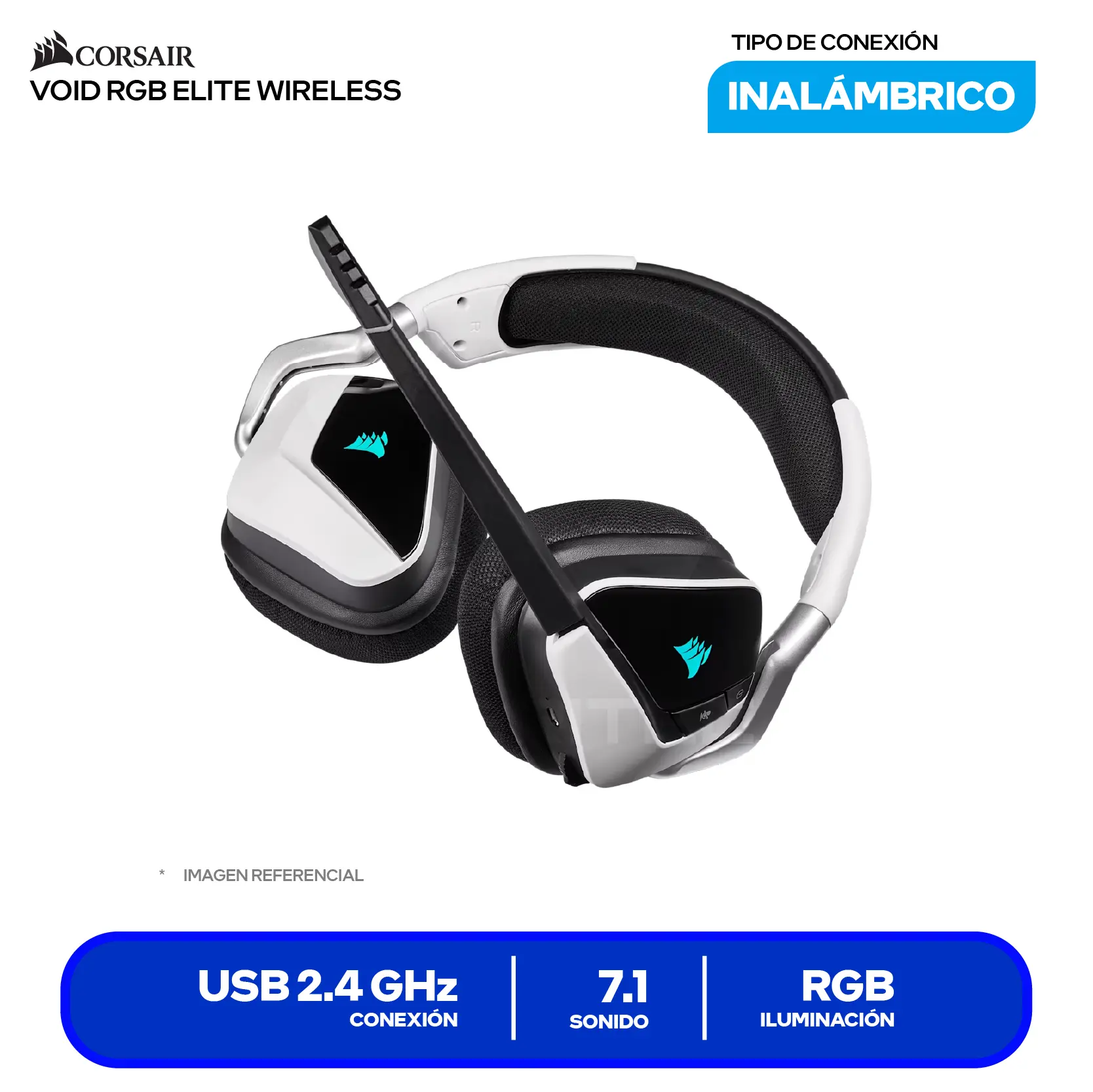 Audífono Gamer Corsair VOID RGB ELITE Wireless Blanco (CA-9011202-NA) Inalámbrico 2.4GHz, Surround 7.1, Drivers 50mm, RGB iCUE, Microfibra y Memory Foam