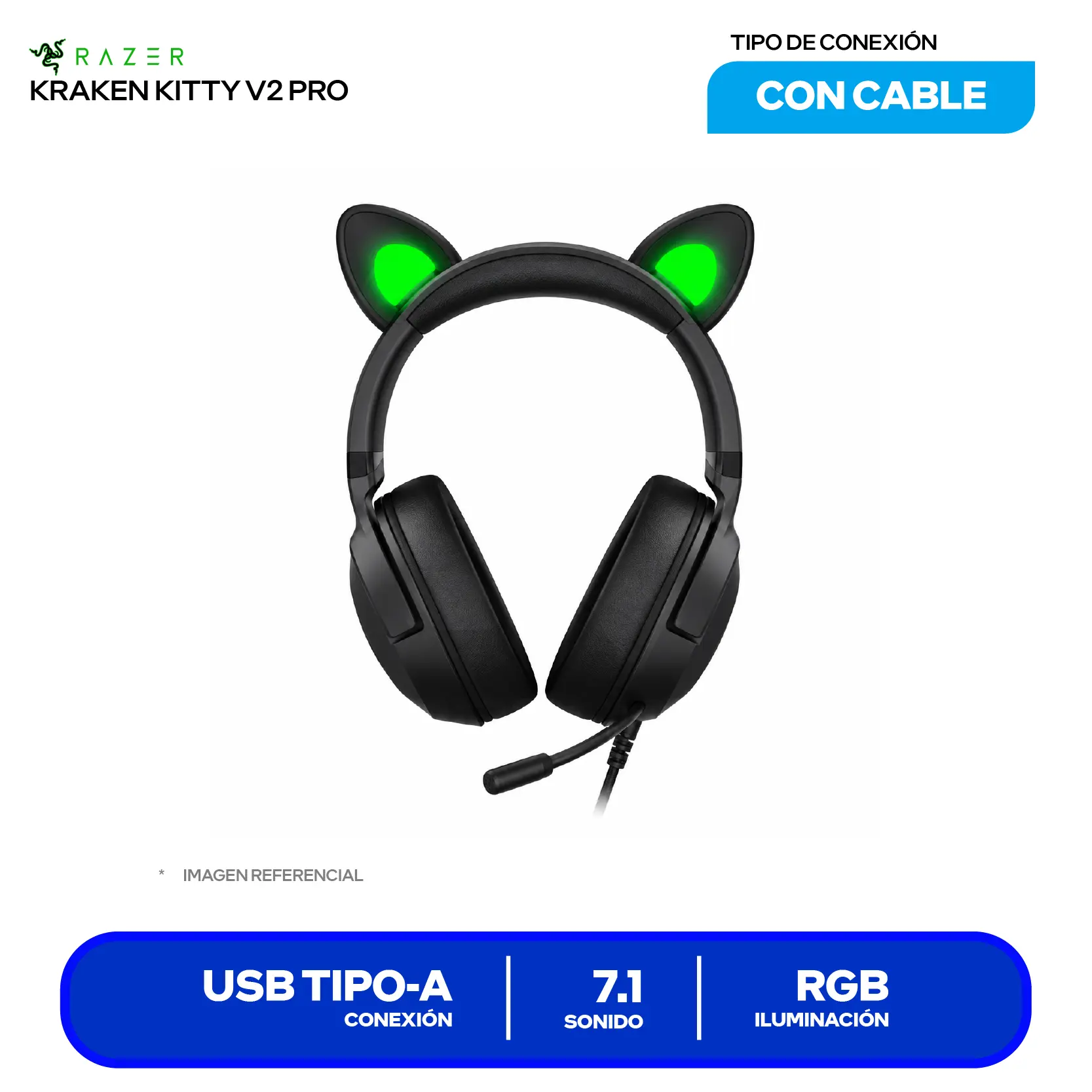 Audífono Gamer Razer Kraken Kitty V2 Pro (RZ04-04510100-R3U1) USB, Orejas Intercambiables (Gato, Oso, Conejo), Razer Chroma RGB Reactivo al Streaming