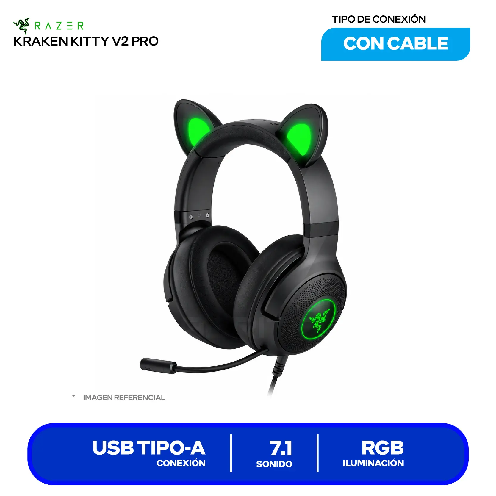 Audífono Gamer Razer Kraken Kitty V2 Pro (RZ04-04510100-R3U1) USB, Orejas Intercambiables (Gato, Oso, Conejo), Razer Chroma RGB Reactivo al Streaming