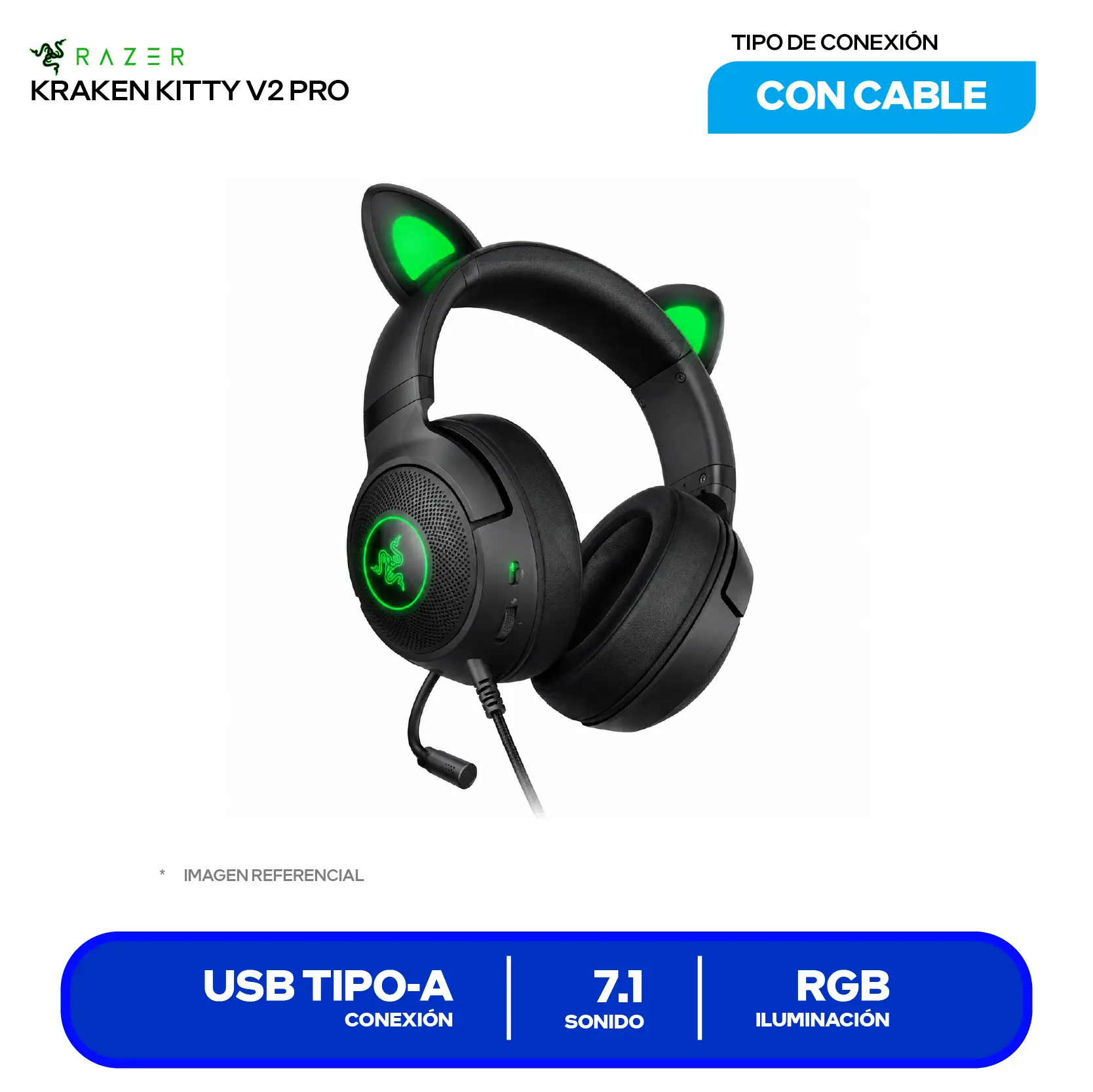 Audífono Gamer Razer Kraken Kitty V2 Pro (RZ04-04510100-R3U1) USB, Orejas Intercambiables (Gato, Oso, Conejo), Razer Chroma RGB Reactivo al Streaming