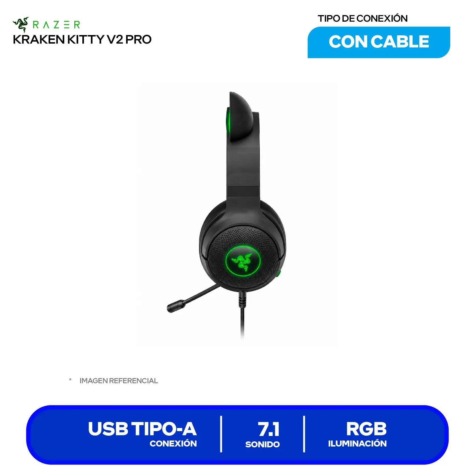 Audífono Gamer Razer Kraken Kitty V2 Pro (RZ04-04510100-R3U1) USB, Orejas Intercambiables (Gato, Oso, Conejo), Razer Chroma RGB Reactivo al Streaming