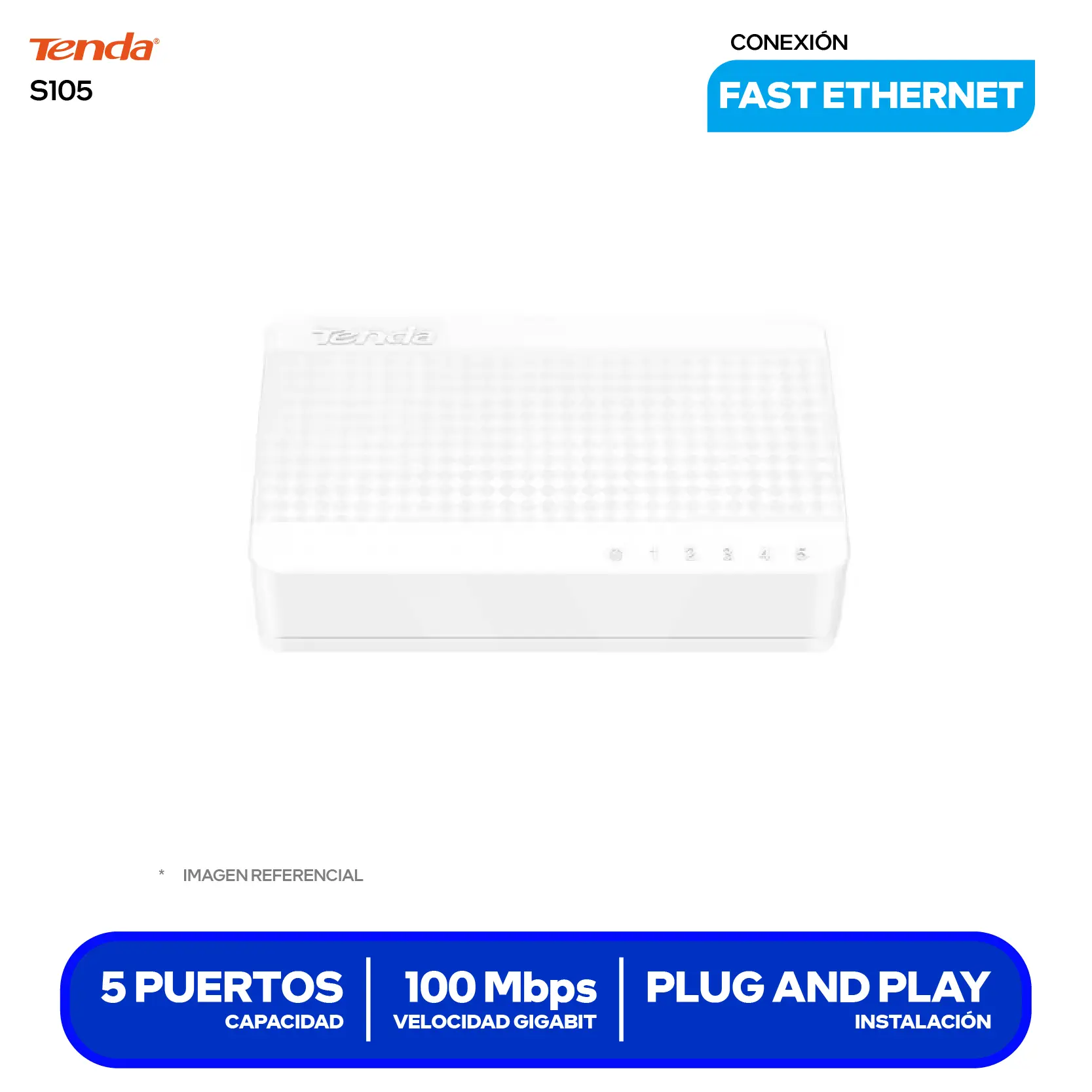 Switch de Escritorio Tenda S105 v10.0 (S105) 5 Puertos, 10/100Mbps