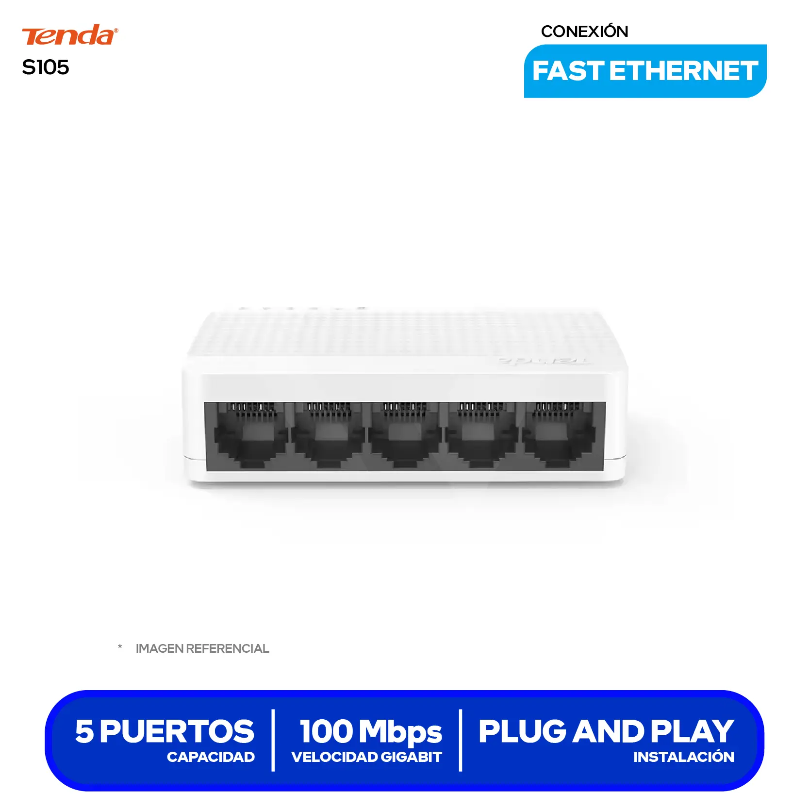 Switch de Escritorio Tenda S105 v10.0 (S105) 5 Puertos, 10/100Mbps
