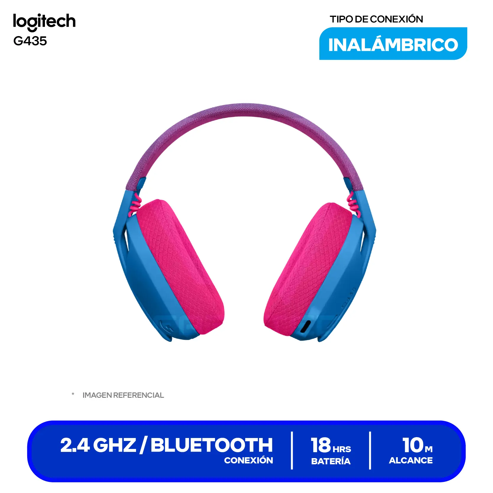 Audífono Gamer Logitech G435 Azul / Rosado (981-001061) Inalámbrico LIGHTSPEED, Bluetooth, Micrófono MEMS Dual, Batería 18h