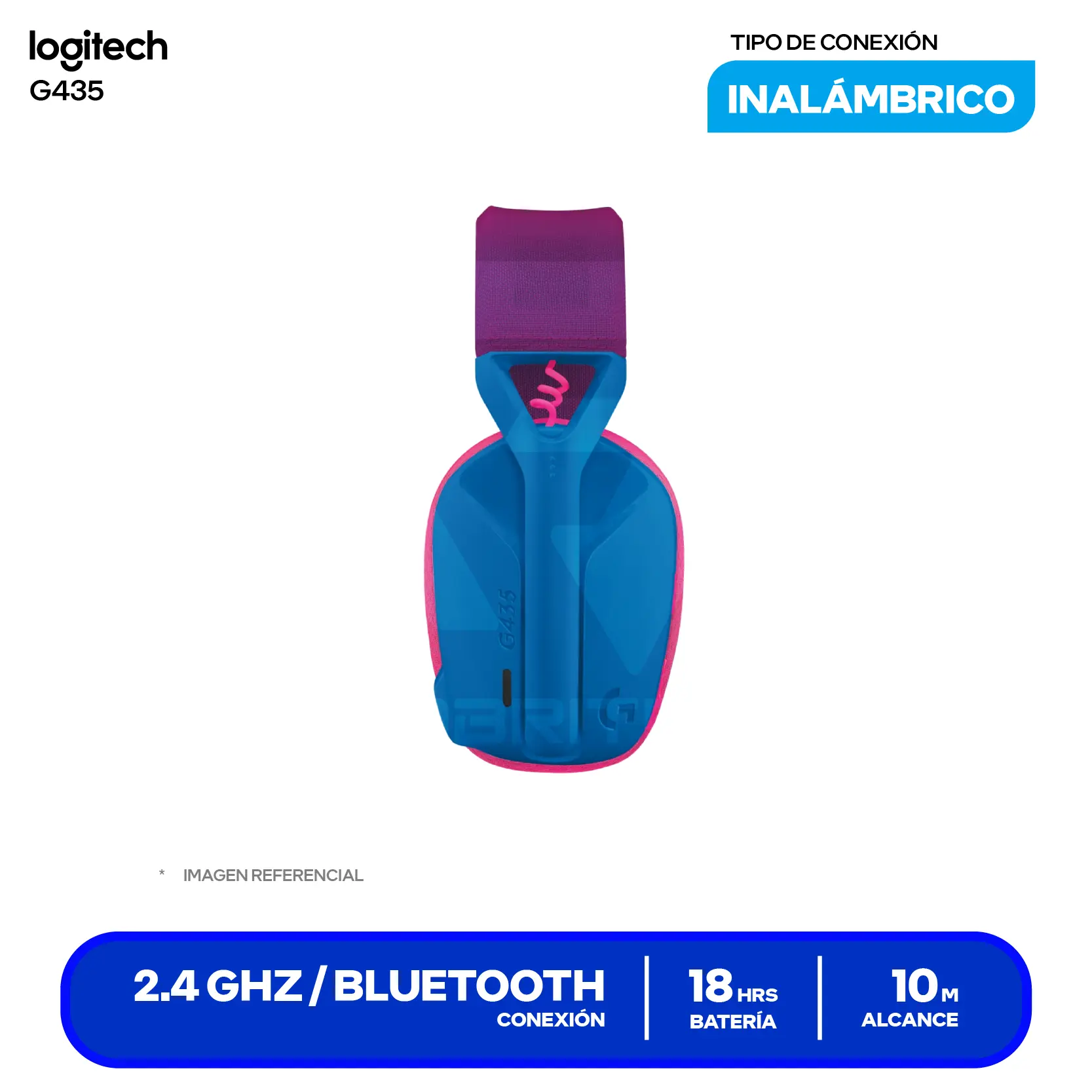 Audífono Gamer Logitech G435 Azul / Rosado (981-001061) Inalámbrico LIGHTSPEED, Bluetooth, Micrófono MEMS Dual, Batería 18h