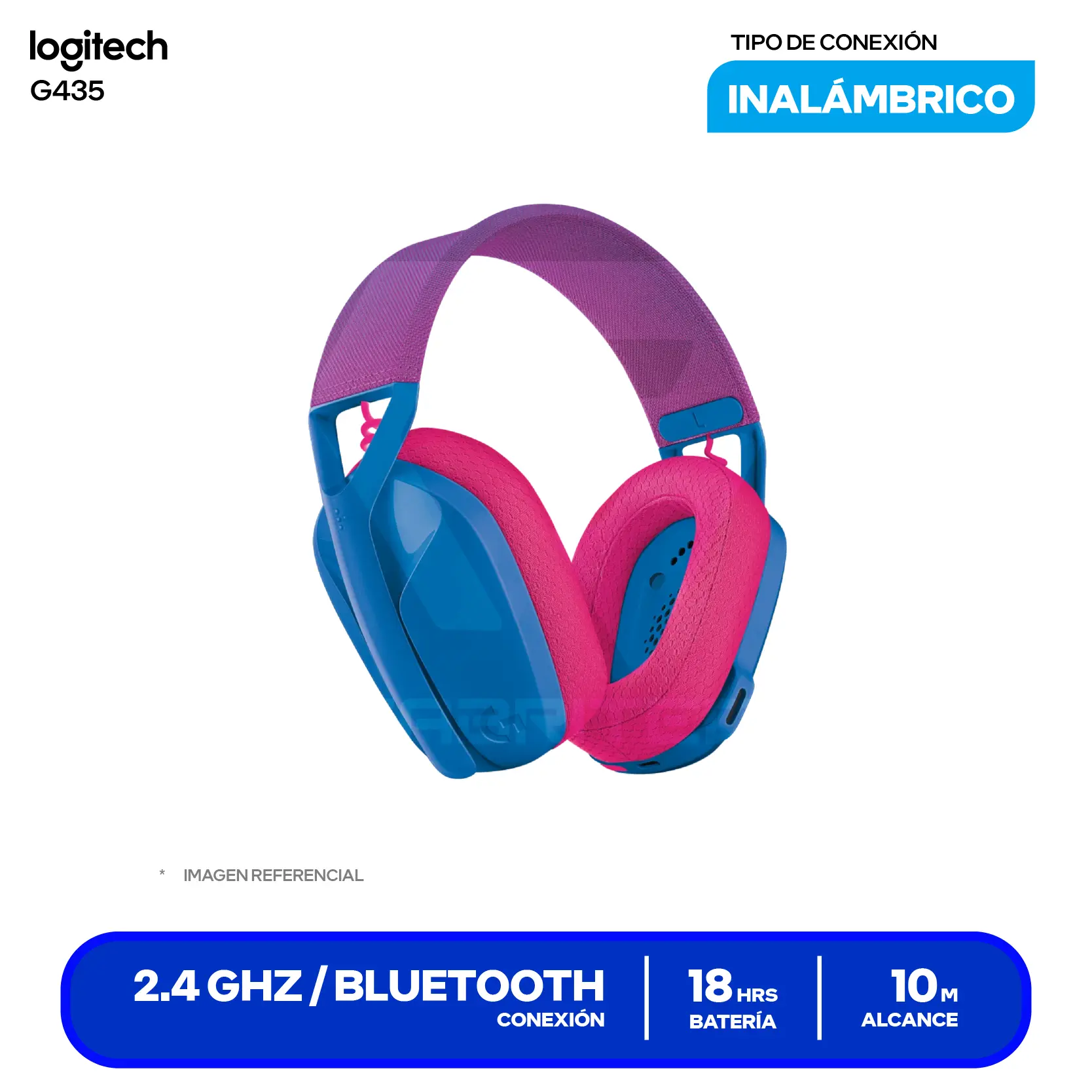 Audífono Gamer Logitech G435 Azul / Rosado (981-001061) Inalámbrico LIGHTSPEED, Bluetooth, Micrófono MEMS Dual, Batería 18h