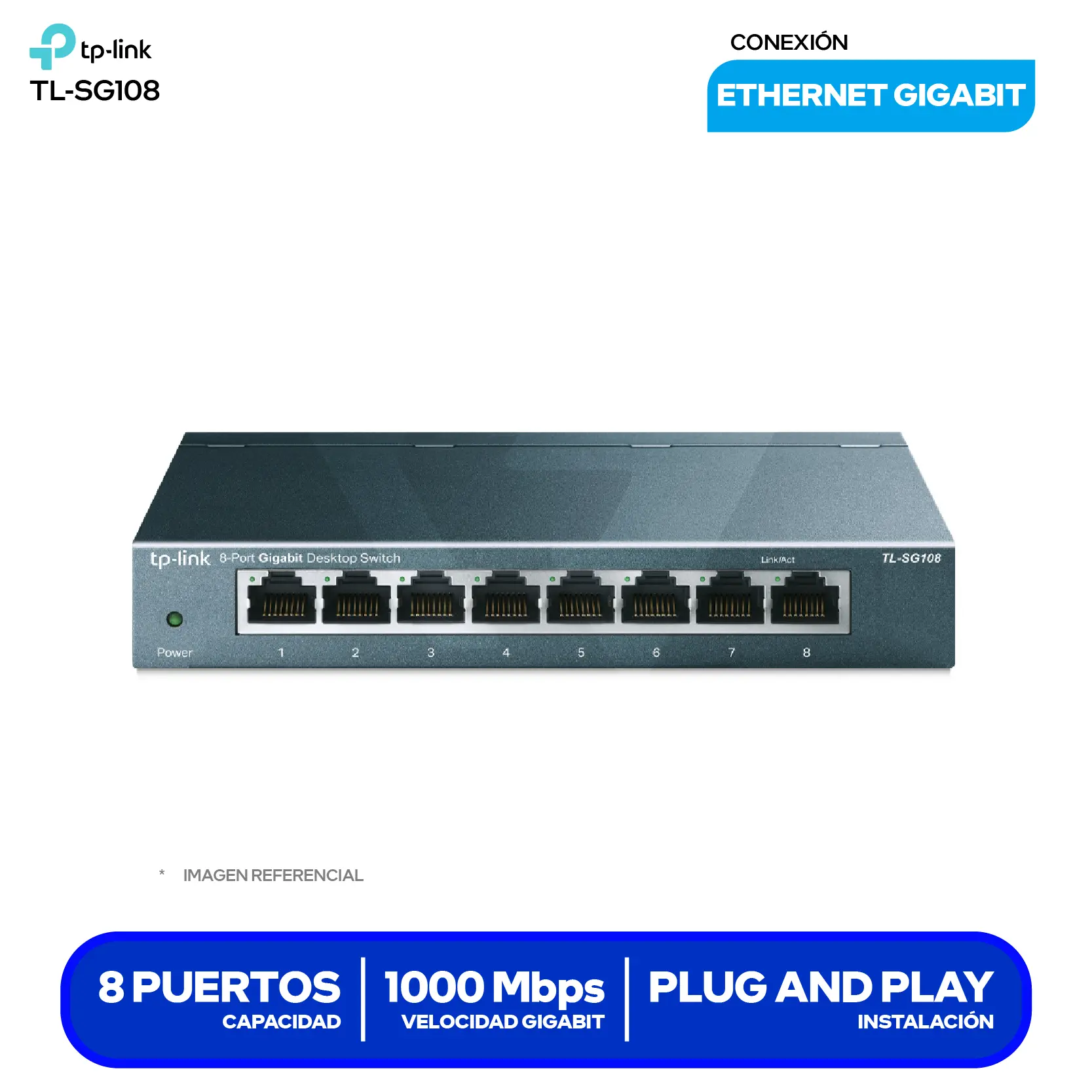 Switch de Escritorio TP-Link TL-SG108 (TL-SG108) 8 Puertos, 10/100/1000 Mbps