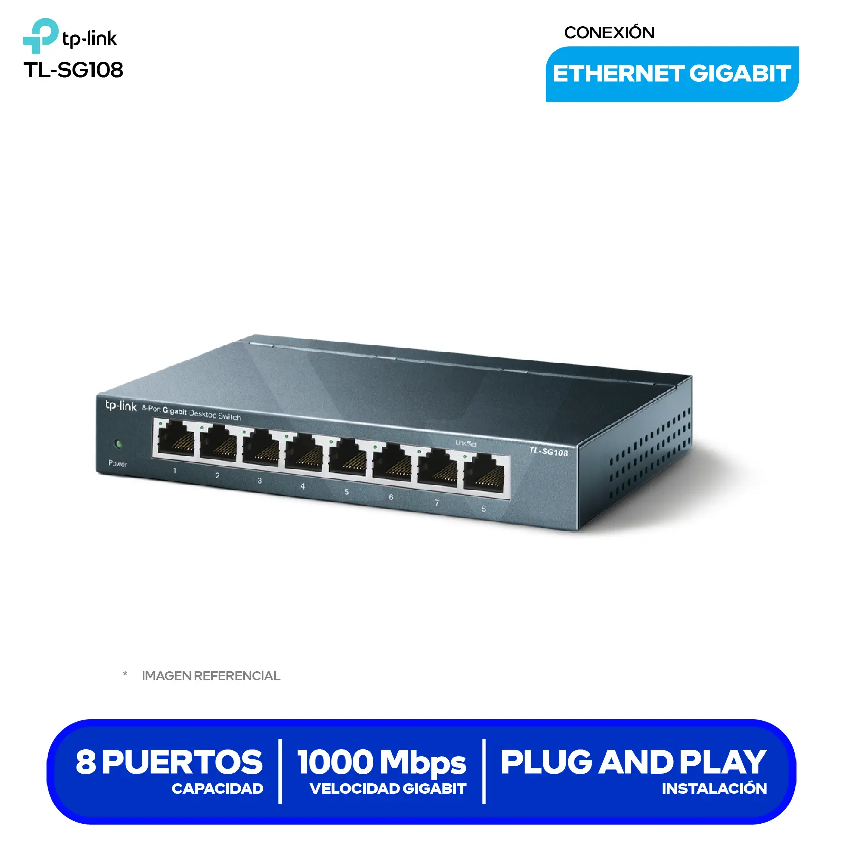 Switch de Escritorio TP-Link TL-SG108 (TL-SG108) 8 Puertos, 10/100/1000 Mbps