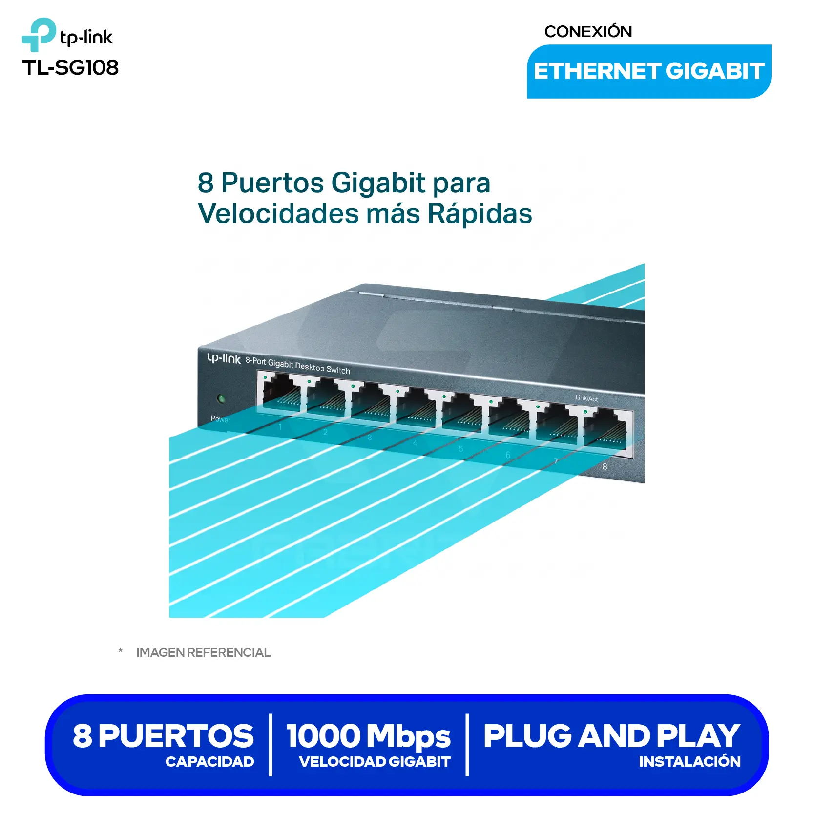 Switch de Escritorio TP-Link TL-SG108 (TL-SG108) 8 Puertos, 10/100/1000 Mbps