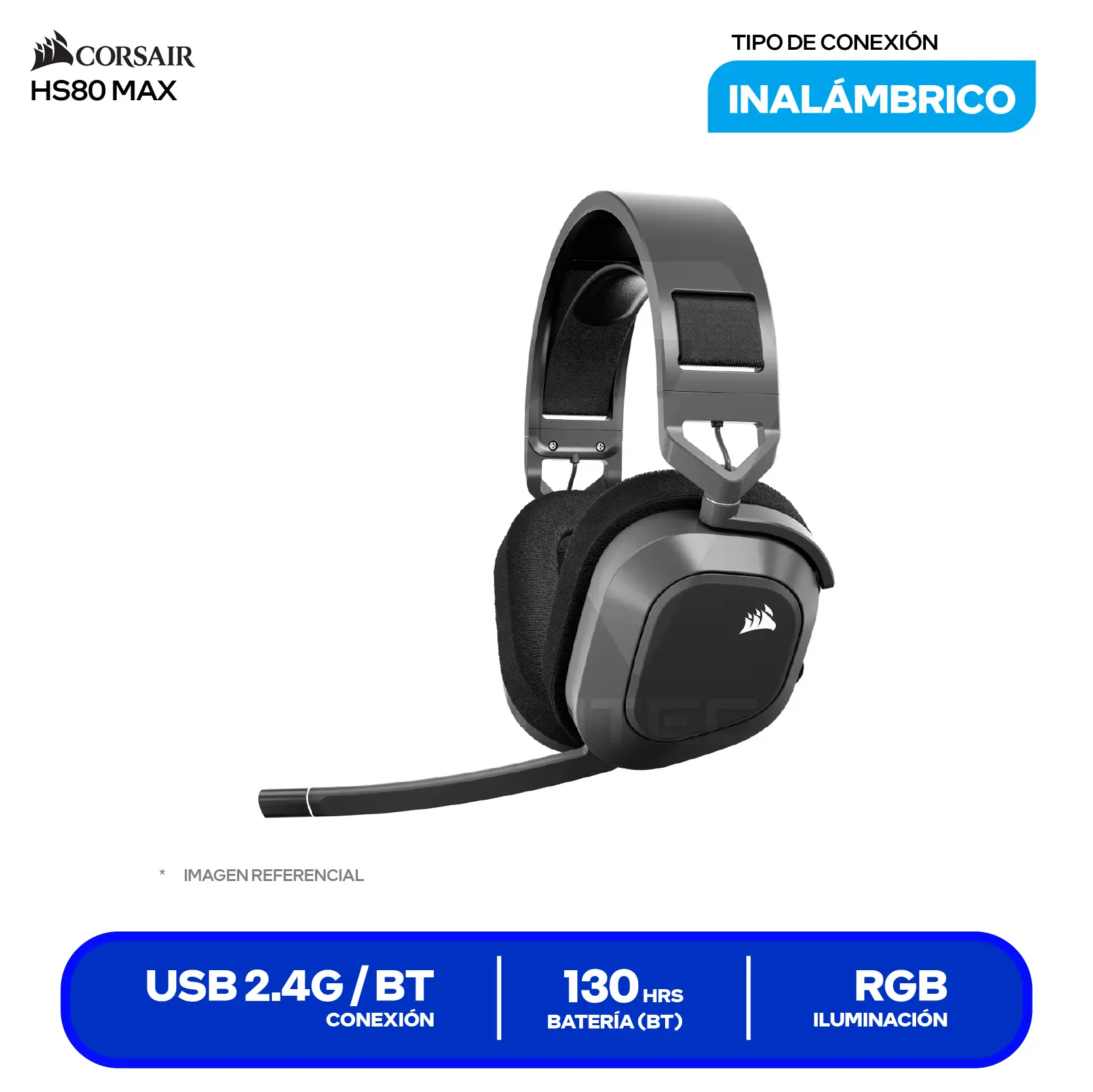 Audífono Gamer Corsair HS80 MAX Wireless (CA-9011295-WW) Inalámbrico 2.4GHz + Bluetooth, 24-bit/96kHz, Dolby Atmos, Batería hasta 130h