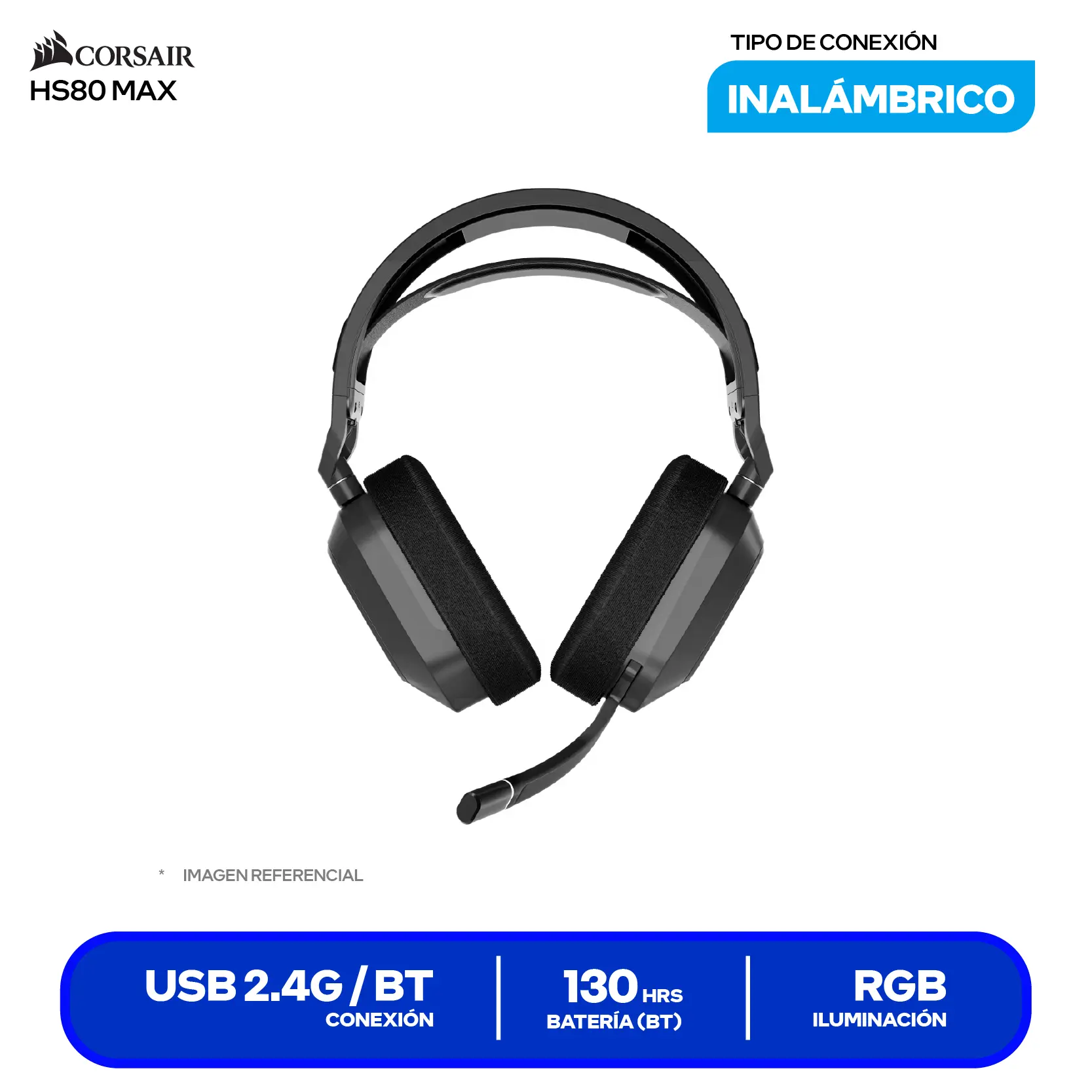 Audífono Gamer Corsair HS80 MAX Wireless (CA-9011295-WW) Inalámbrico 2.4GHz + Bluetooth, 24-bit/96kHz, Dolby Atmos, Batería hasta 130h