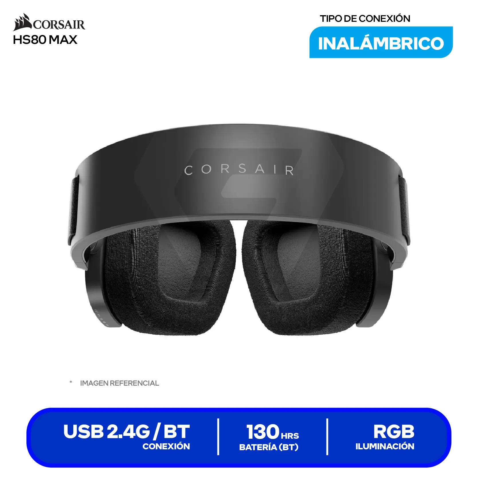 Audífono Gamer Corsair HS80 MAX Wireless (CA-9011295-WW) Inalámbrico 2.4GHz + Bluetooth, 24-bit/96kHz, Dolby Atmos, Batería hasta 130h