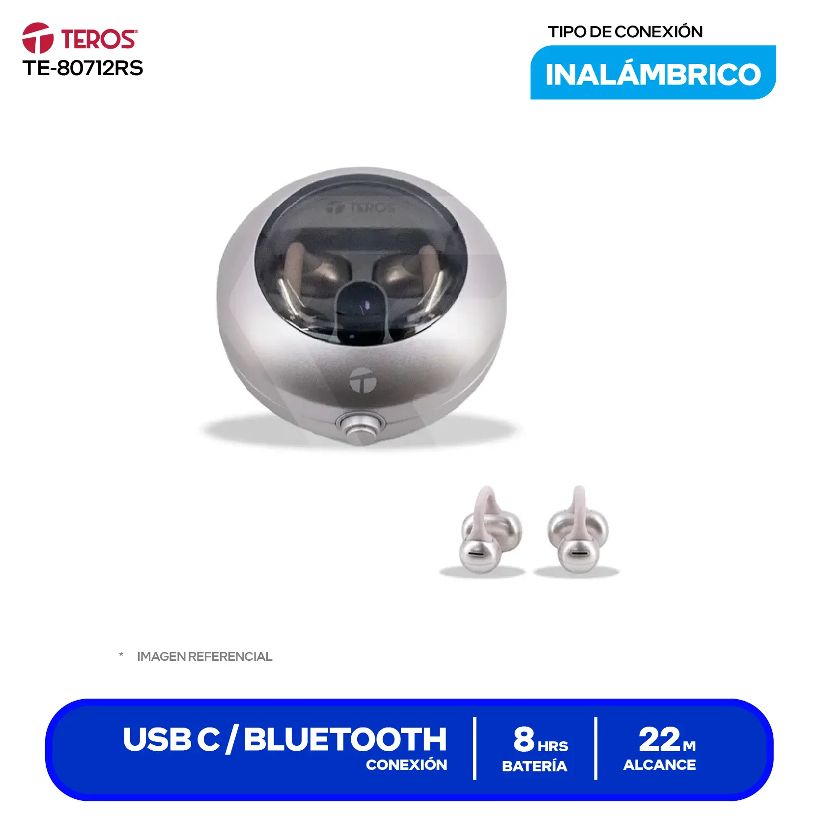 Audífono Inalámbrico Teros TE-80712RS Rosa Titanio TWS Ear-Clip, Bluetooth 5.4, Display LED, Batería 380mAh USB-C