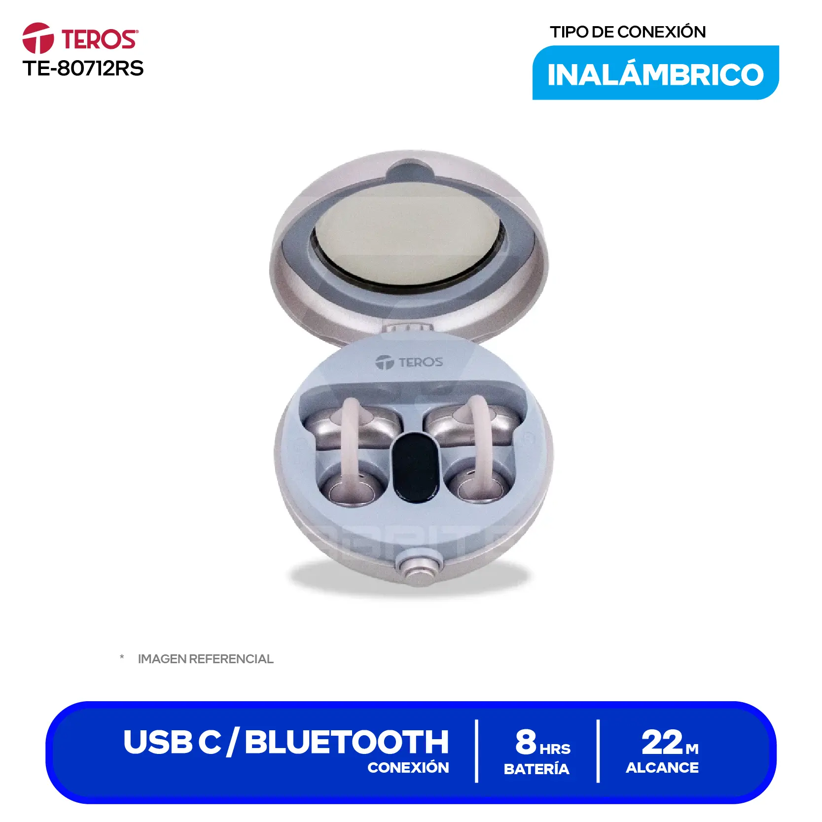 Audífono Inalámbrico Teros TE-80712RS Rosa Titanio TWS Ear-Clip, Bluetooth 5.4, Display LED, Batería 380mAh USB-C
