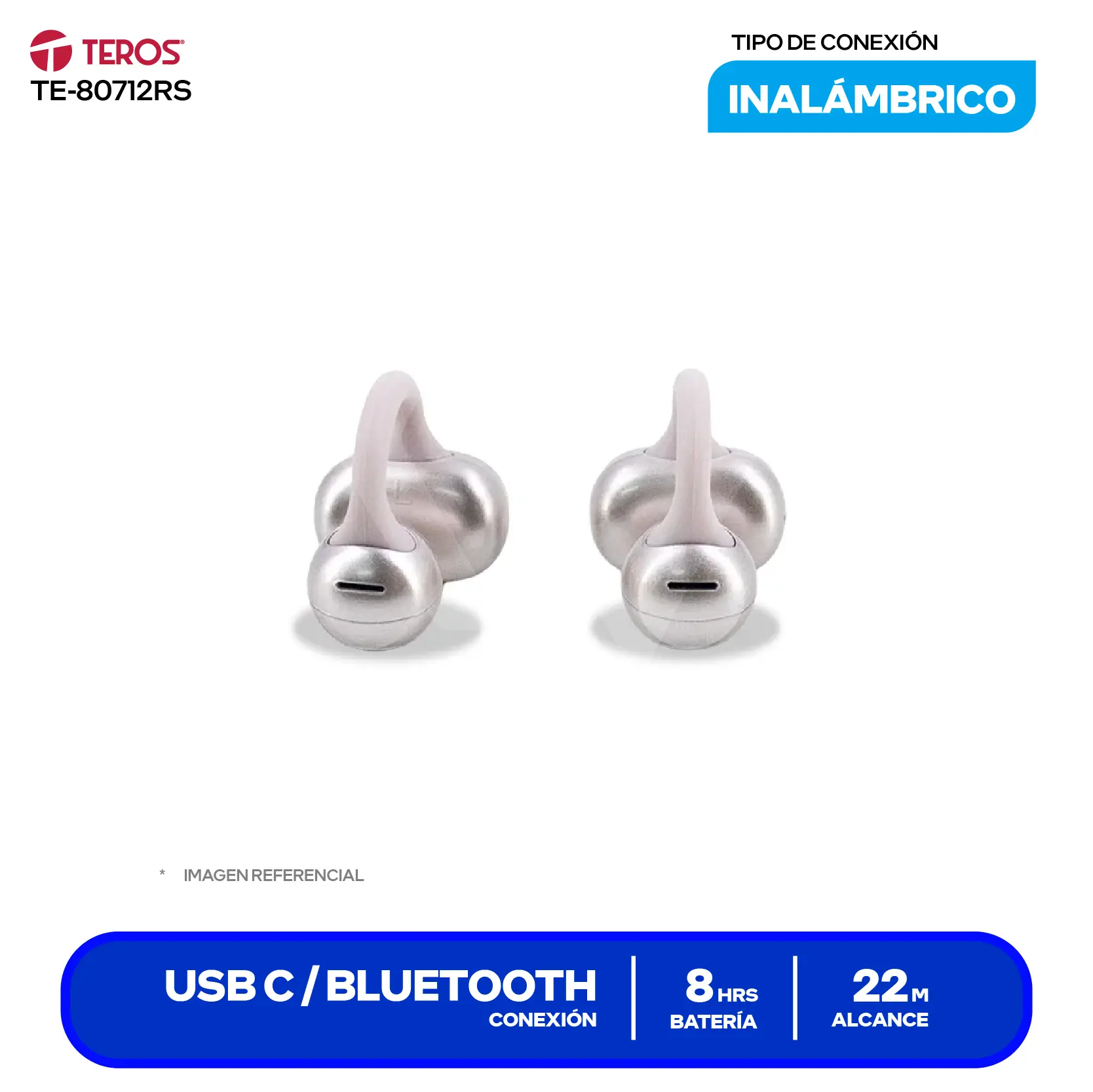 Audífono Inalámbrico Teros TE-80712RS Rosa Titanio TWS Ear-Clip, Bluetooth 5.4, Display LED, Batería 380mAh USB-C