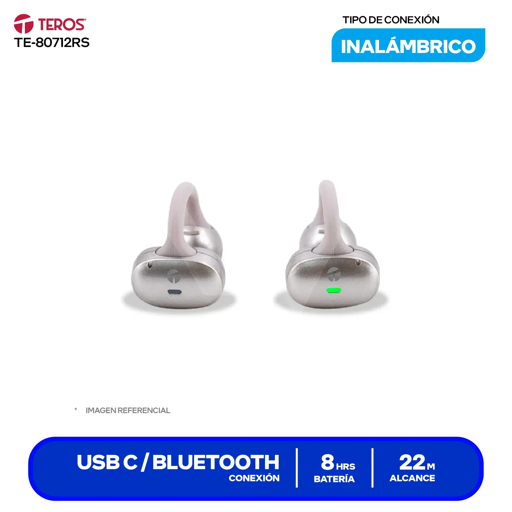 Audífono Inalámbrico Teros TE-80712RS Rosa Titanio TWS Ear-Clip, Bluetooth 5.4, Display LED, Batería 380mAh USB-C