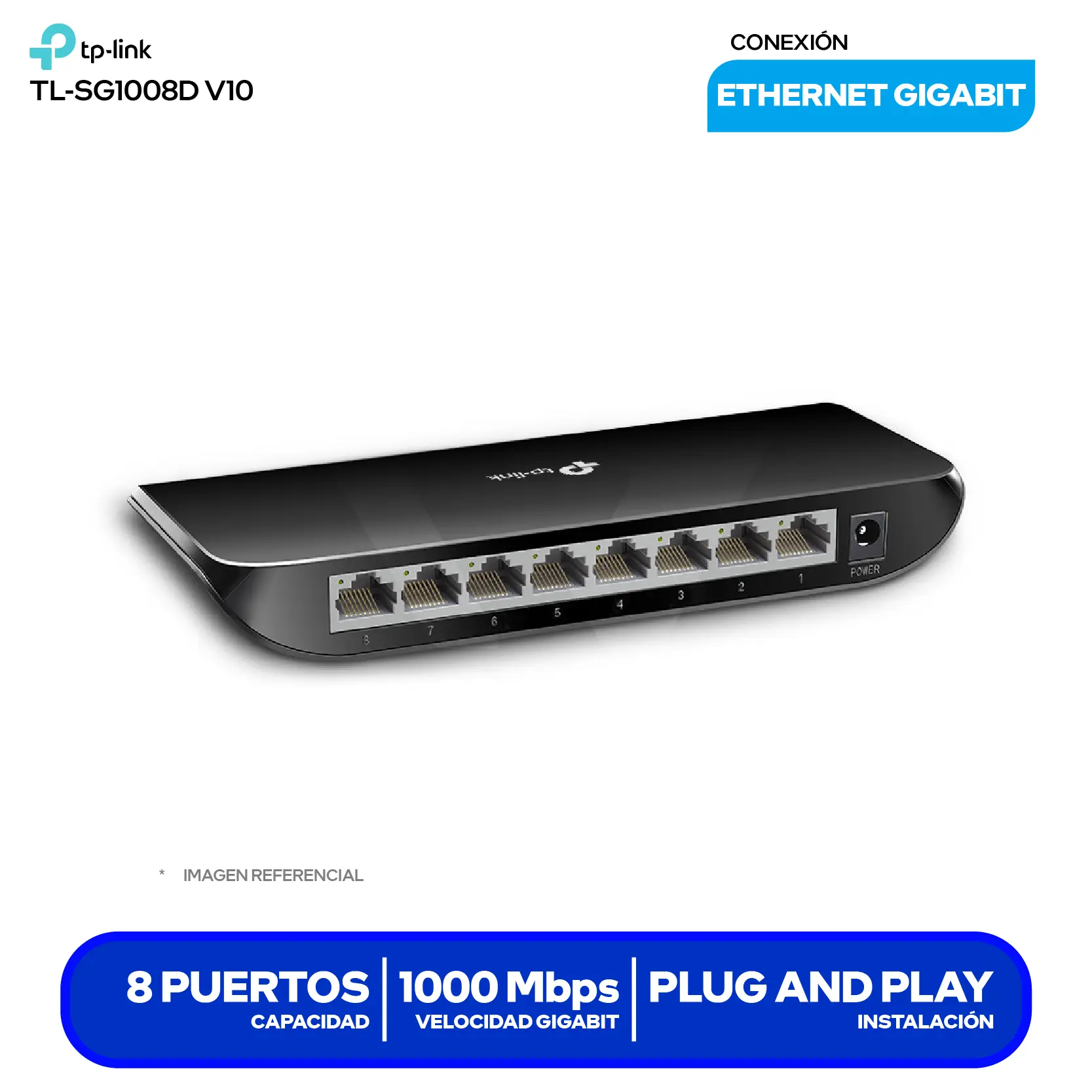 Switch de Escritorio TP-Link TL-SG1008D V10 (TL-SG1008D) 8 Puertos, 10/100/1000 Mbps