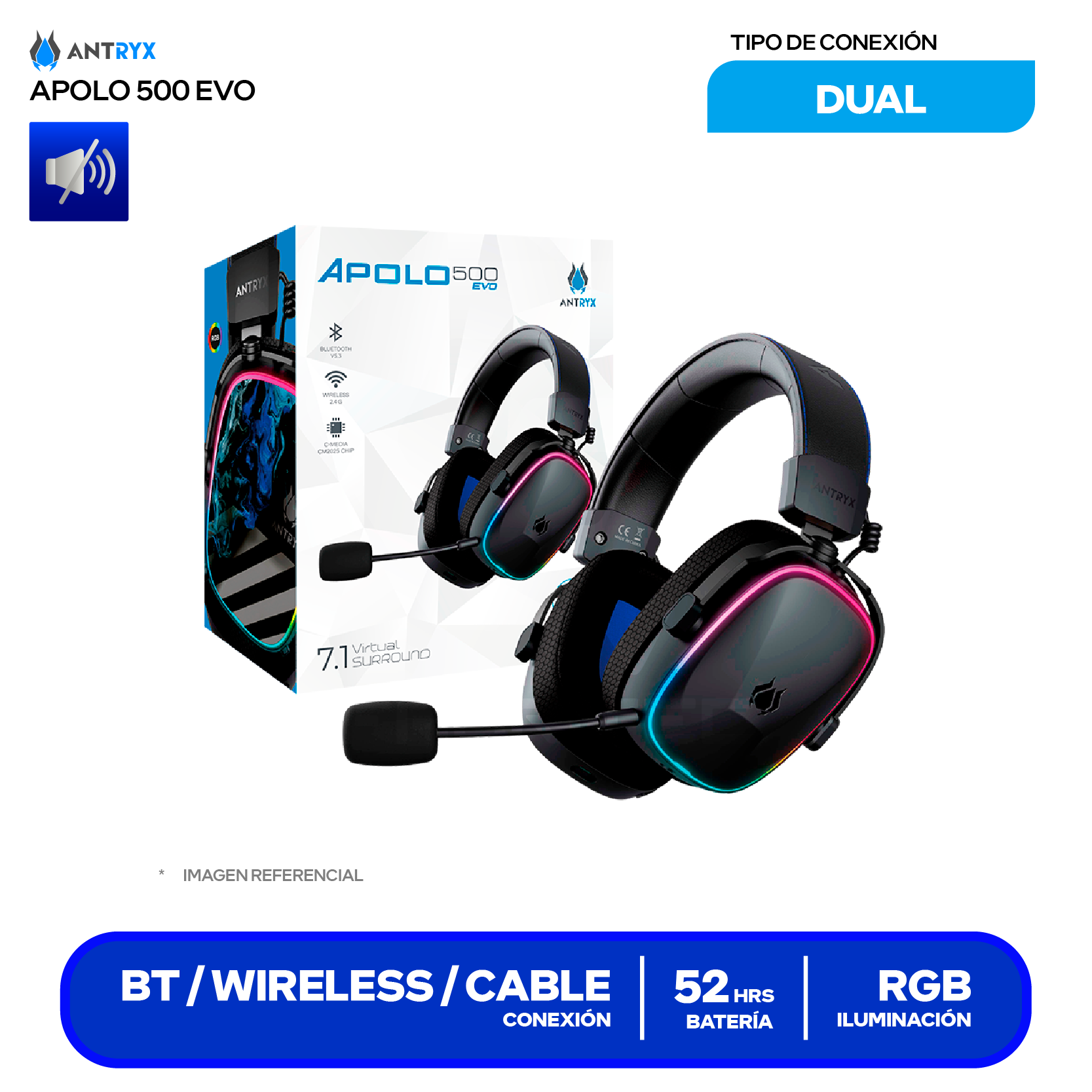 Audífono Gamer Antryx Apolo 500 Trix (AWGH-AP500KEVTX) Inalámbrico, RGB, Micrófono Integrado