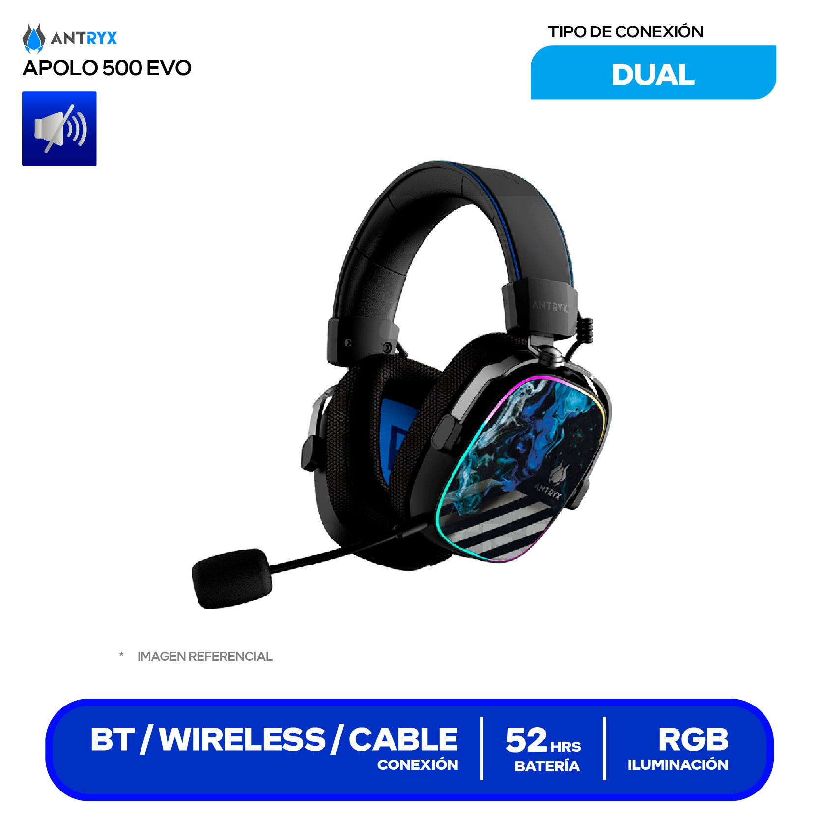 Audífono Gamer Antryx Apolo 500 Trix (AWGH-AP500KEVTX) Inalámbrico, RGB, Micrófono Integrado