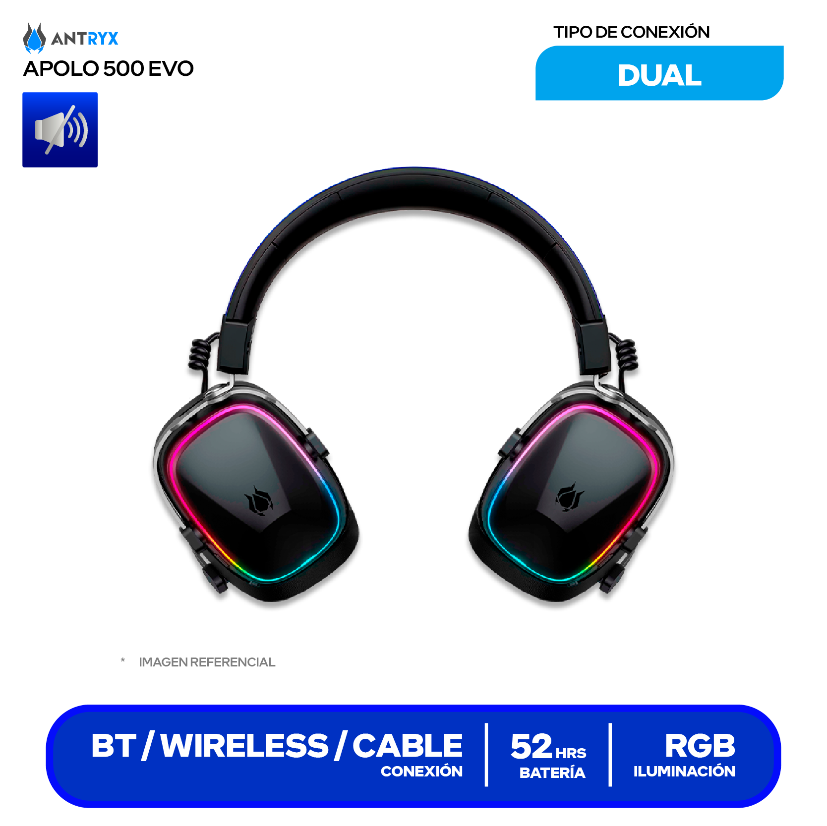 Audífono Gamer Antryx Apolo 500 Trix (AWGH-AP500KEVTX) Inalámbrico, RGB, Micrófono Integrado