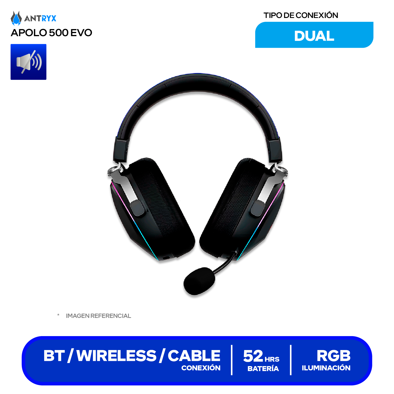 Audífono Gamer Antryx Apolo 500 Trix (AWGH-AP500KEVTX) Inalámbrico, RGB, Micrófono Integrado