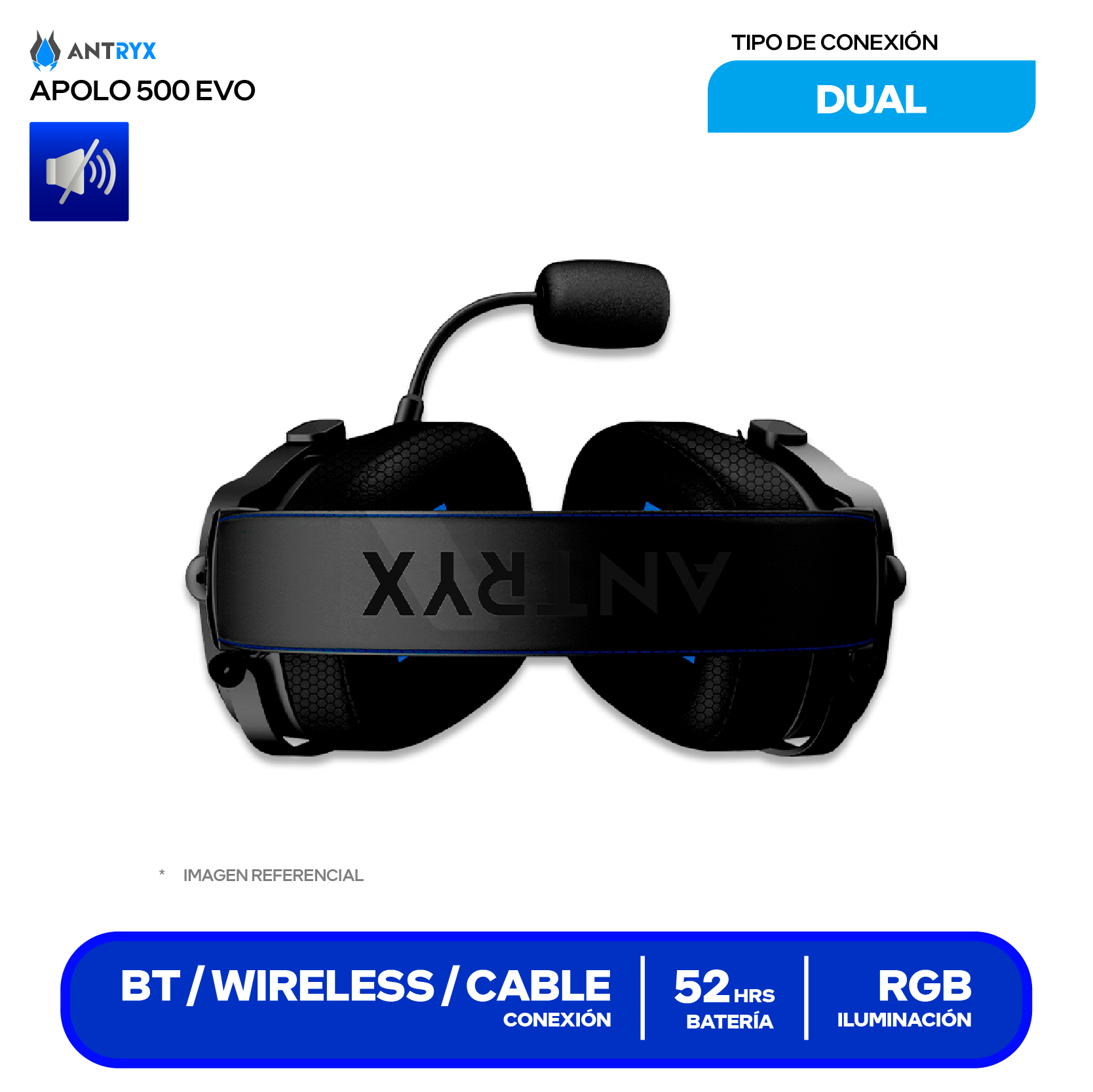 Audífono Gamer Antryx Apolo 500 Trix (AWGH-AP500KEVTX) Inalámbrico, RGB, Micrófono Integrado