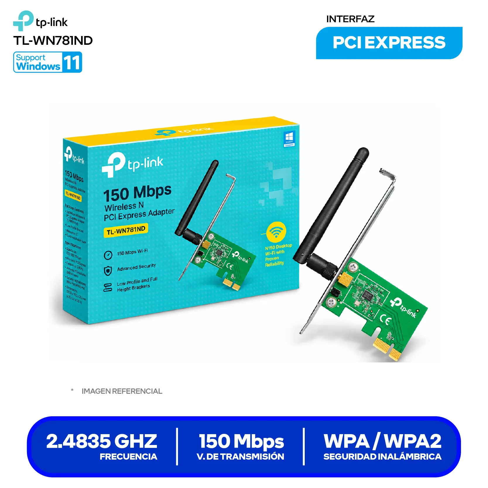Adaptador PCI Express Inalámbrico TP-Link TL-WN781ND (TL-WN781ND) 150 Mbps, 2.4 GHz, Antena Desmontable