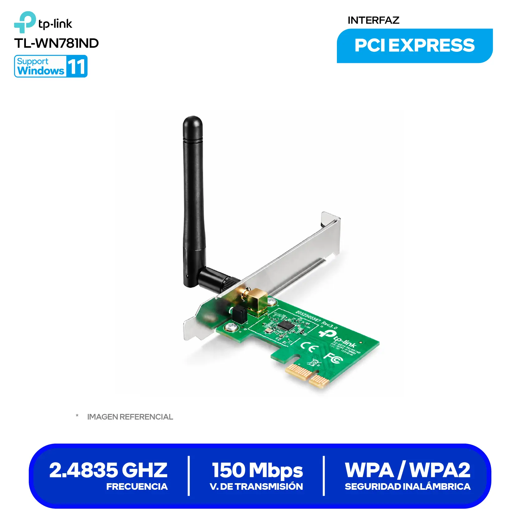 Adaptador PCI Express Inalámbrico TP-Link TL-WN781ND (TL-WN781ND) 150 Mbps, 2.4 GHz, Antena Desmontable