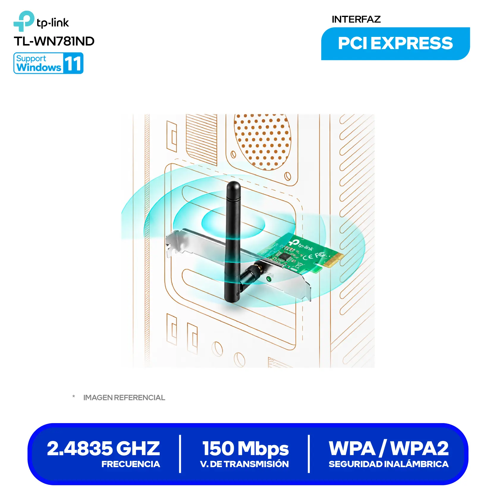 Adaptador PCI Express Inalámbrico TP-Link TL-WN781ND (TL-WN781ND) 150 Mbps, 2.4 GHz, Antena Desmontable